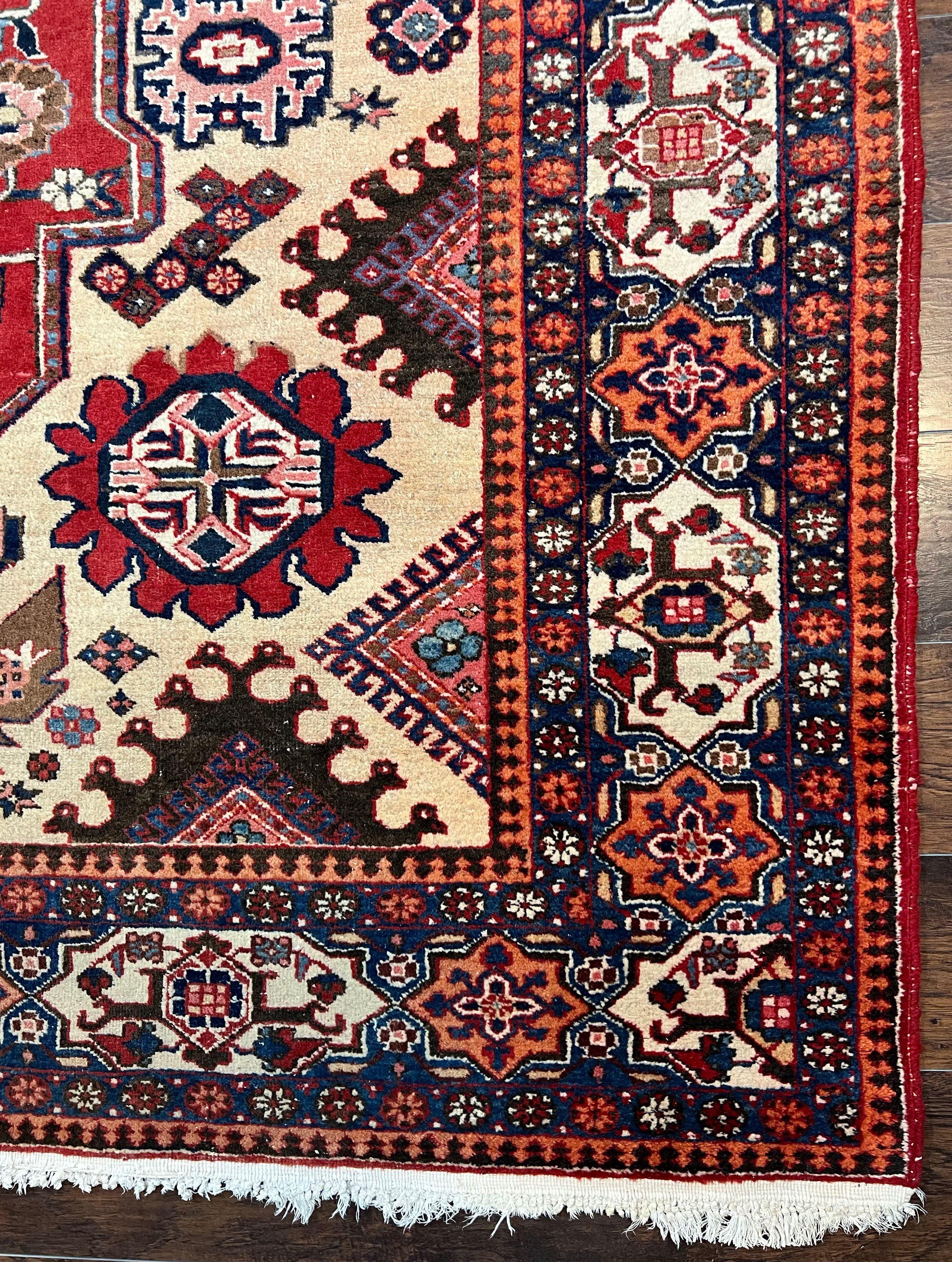 Antique Persian Heriz Rug 8x12 ft, Geometric Tribal Room Sized Carpet, Camel Hair Red Navy Blue, Wool Hand Knotted Medallion Oriental Carpet - Jewel Rugs