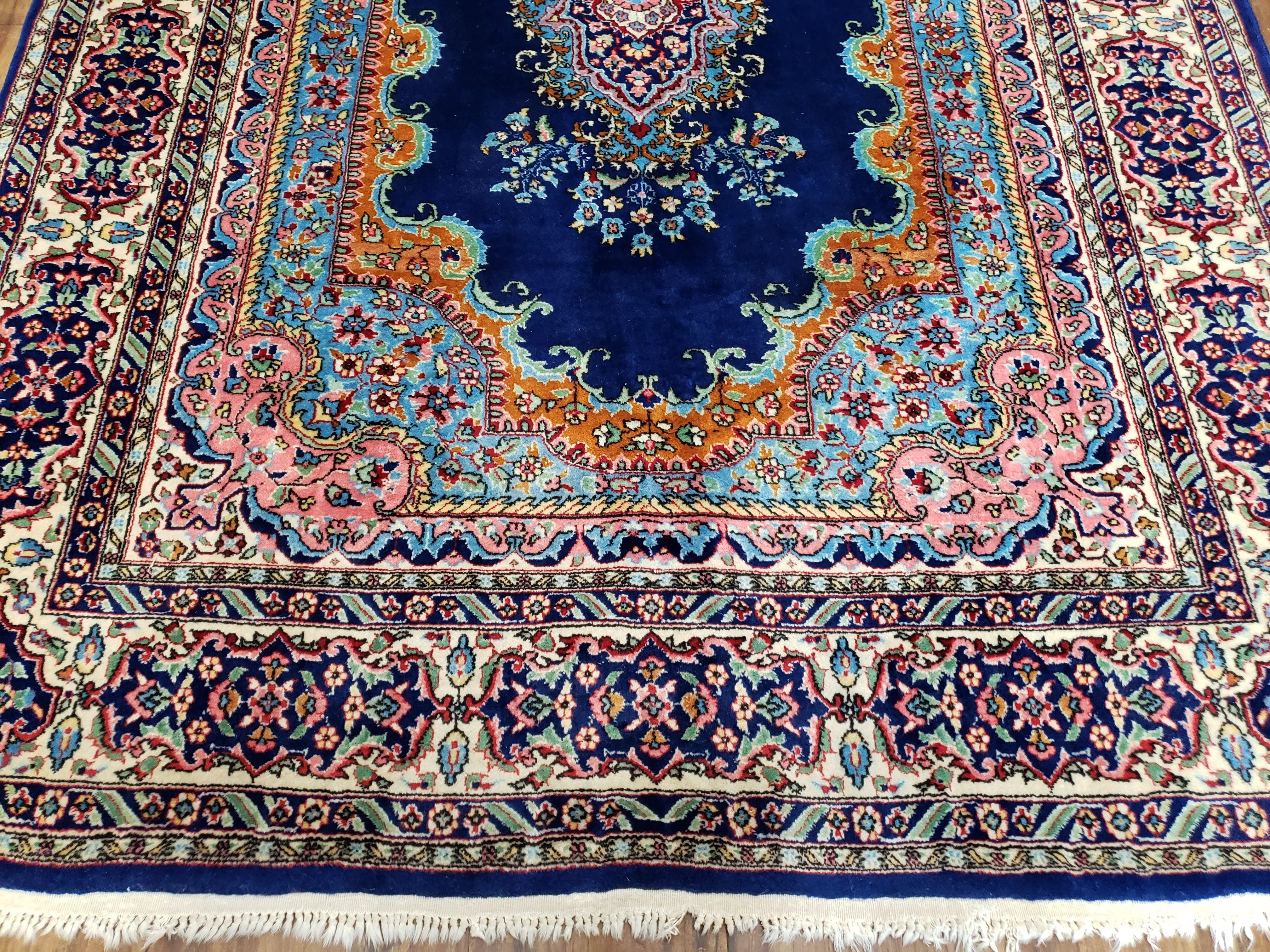 Vintage Indian Kirman Area Rug 4x7 - 5x7, Wool Hand-Knotted, Blue & Ivory Indo Persian Oriental Carpet, Medallion Rug, Office Room Rug - Jewel Rugs