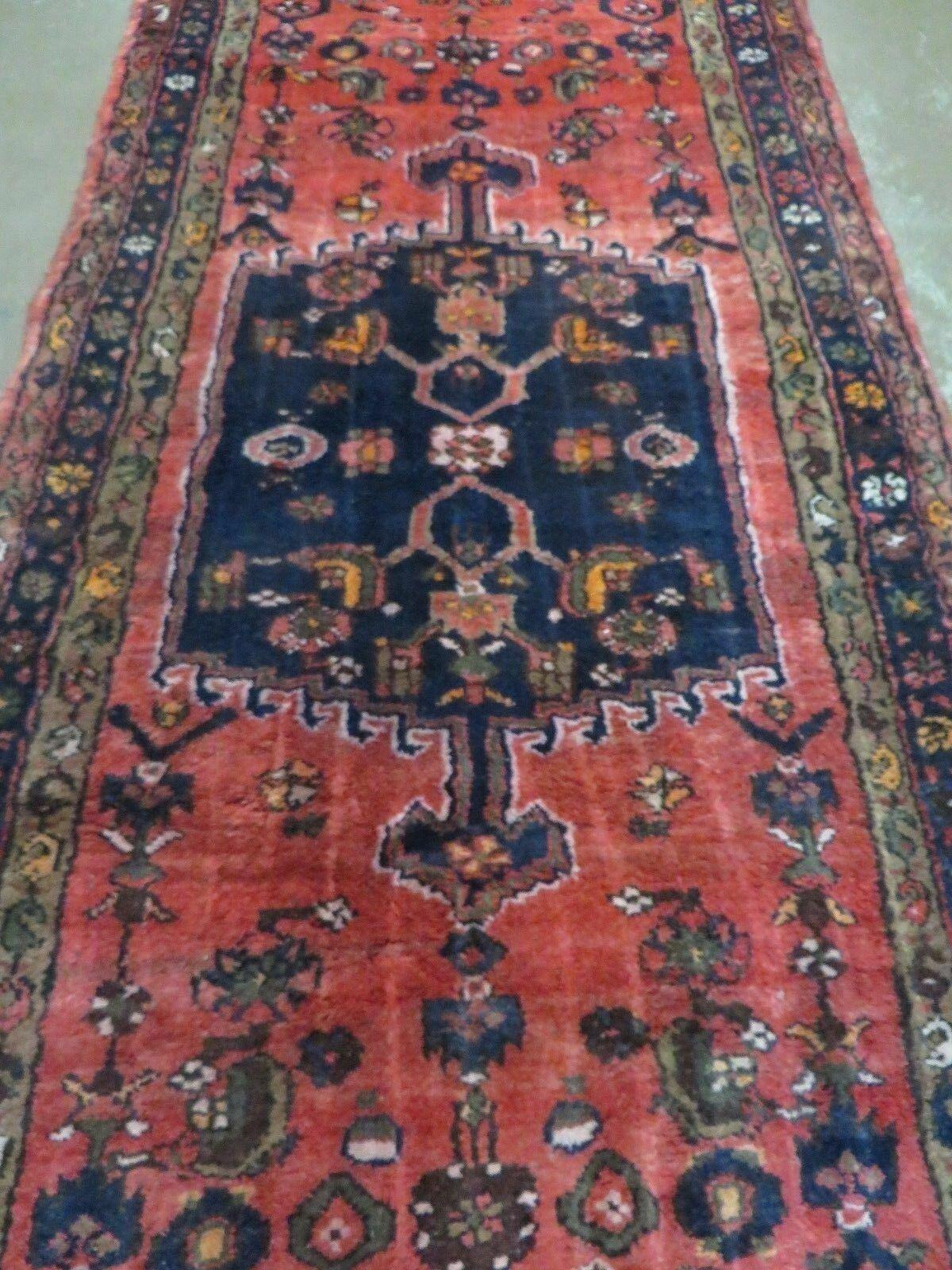 3' 3" X 10' 2" Antique Handmade India Floral Wool Runner Rug Knotted Red # 133 - Jewel Rugs