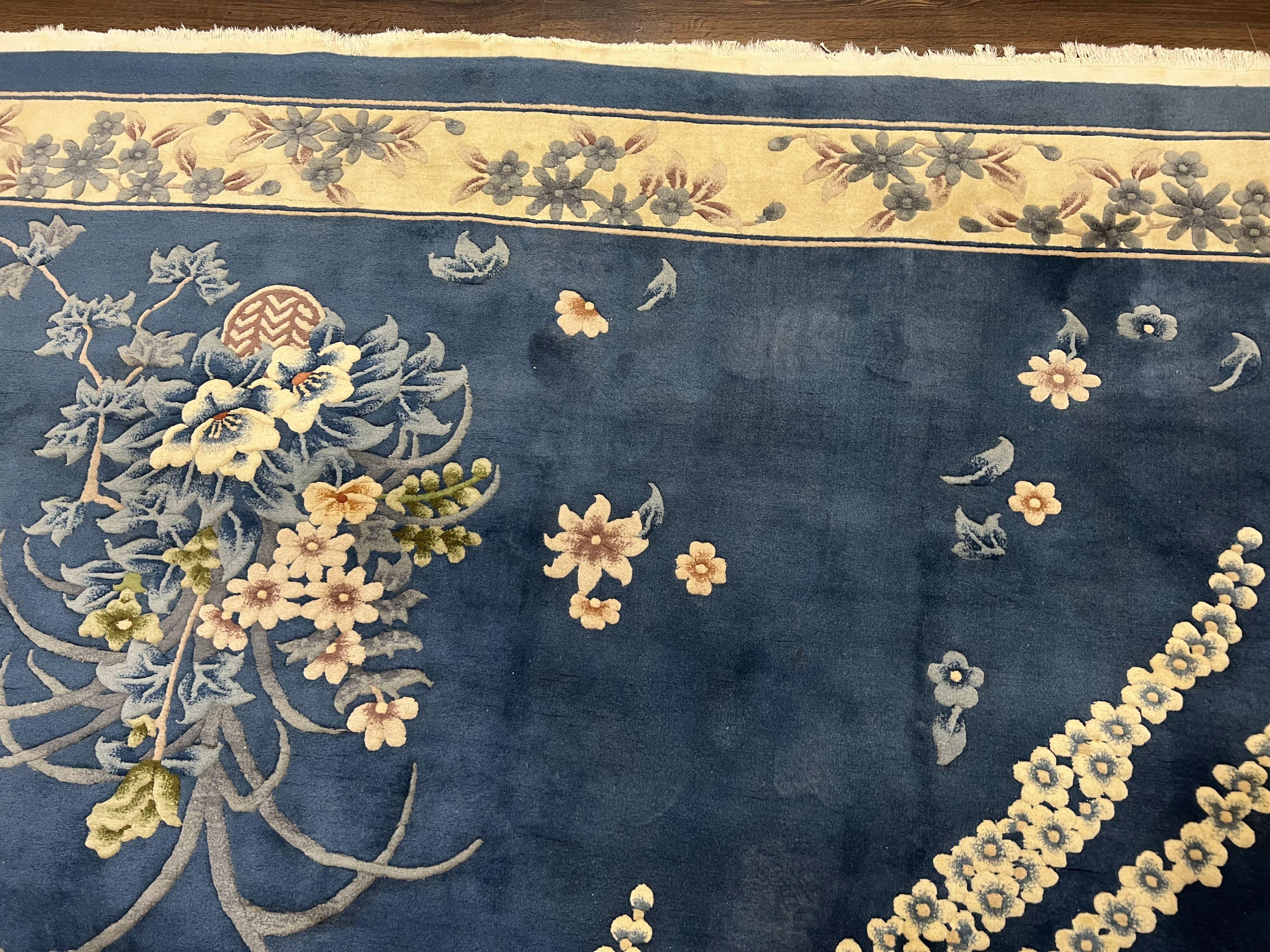 Chinese Wool Rug 8x10, Blue and Cream Art Deco Carpet, Vintage 1960s Oriental 120 Line Nichols Rug, Floral Design, Soft Plush Wool, Handmade - Jewel Rugs