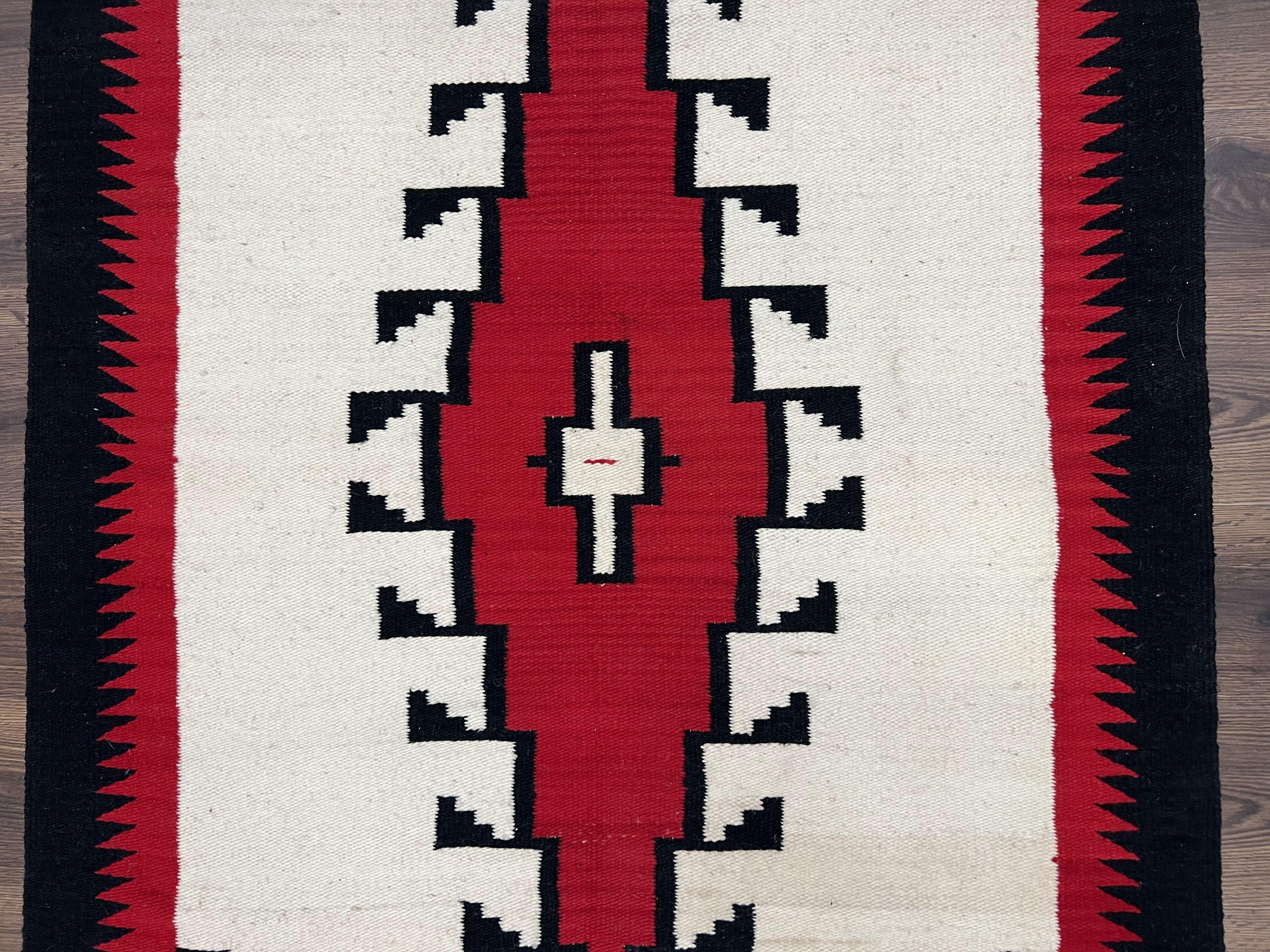 Antique Navajo Rug 4x6, Wool Handwoven Flatweave Collectible Navajo Territory Blanket, Tribal Carpet, Diamond Medallion, Ivory Red Black - Jewel Rugs