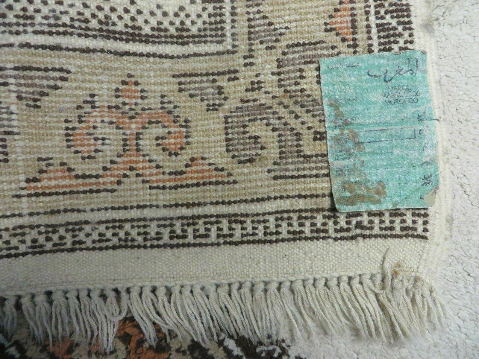 5' X 6' Vintage Handmade Moroccan Berber Rabat Wool Area Rug - Beige with Brown and Tan Border Bohemian Boho Design - Jewel Rugs