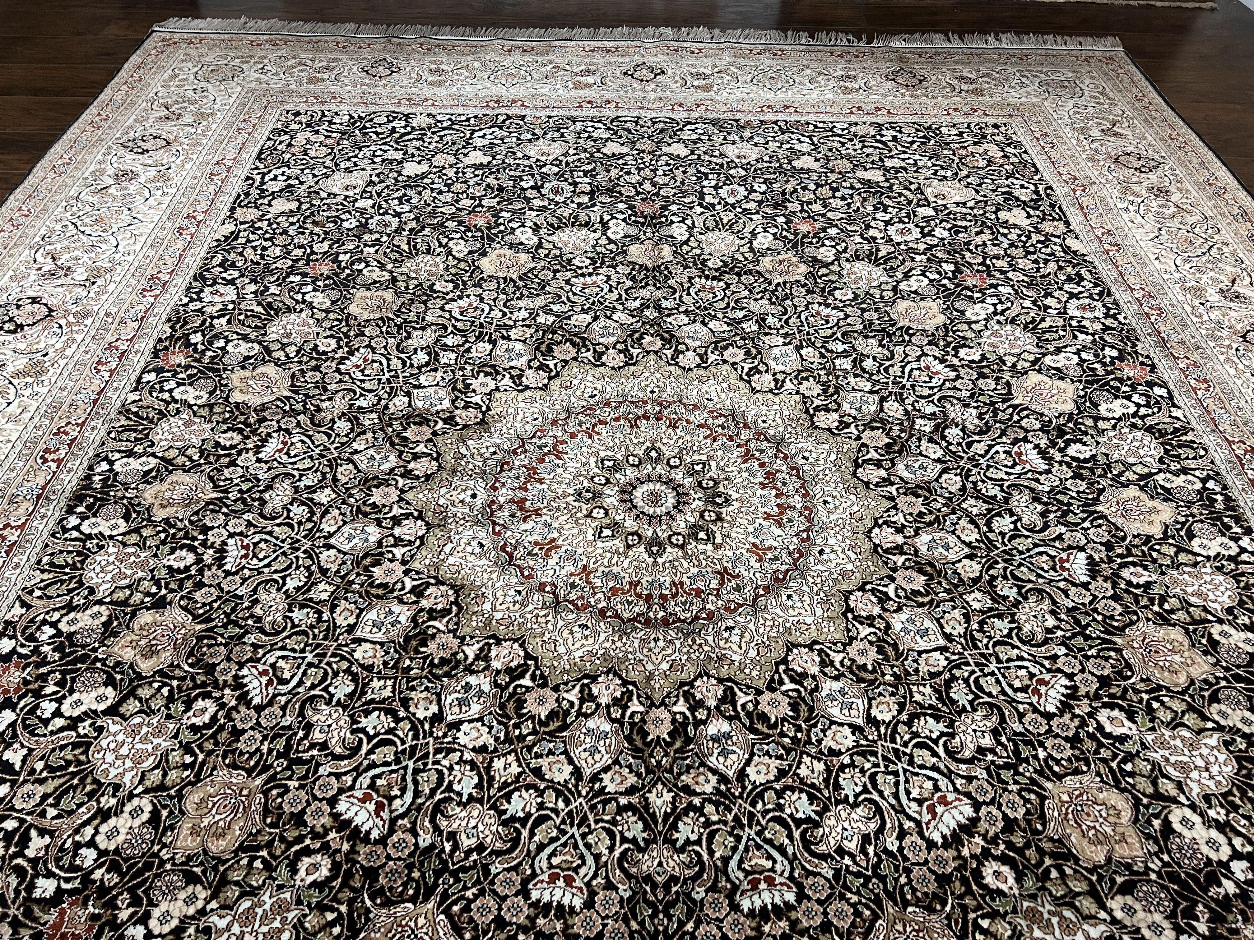 Top Quality Silk Sino Persian Rug 9x12, Highly Detailed Persian Carpet, Center Medallion Floral Allover Black and Ivory/Cream Room Sized Wow - Jewel Rugs