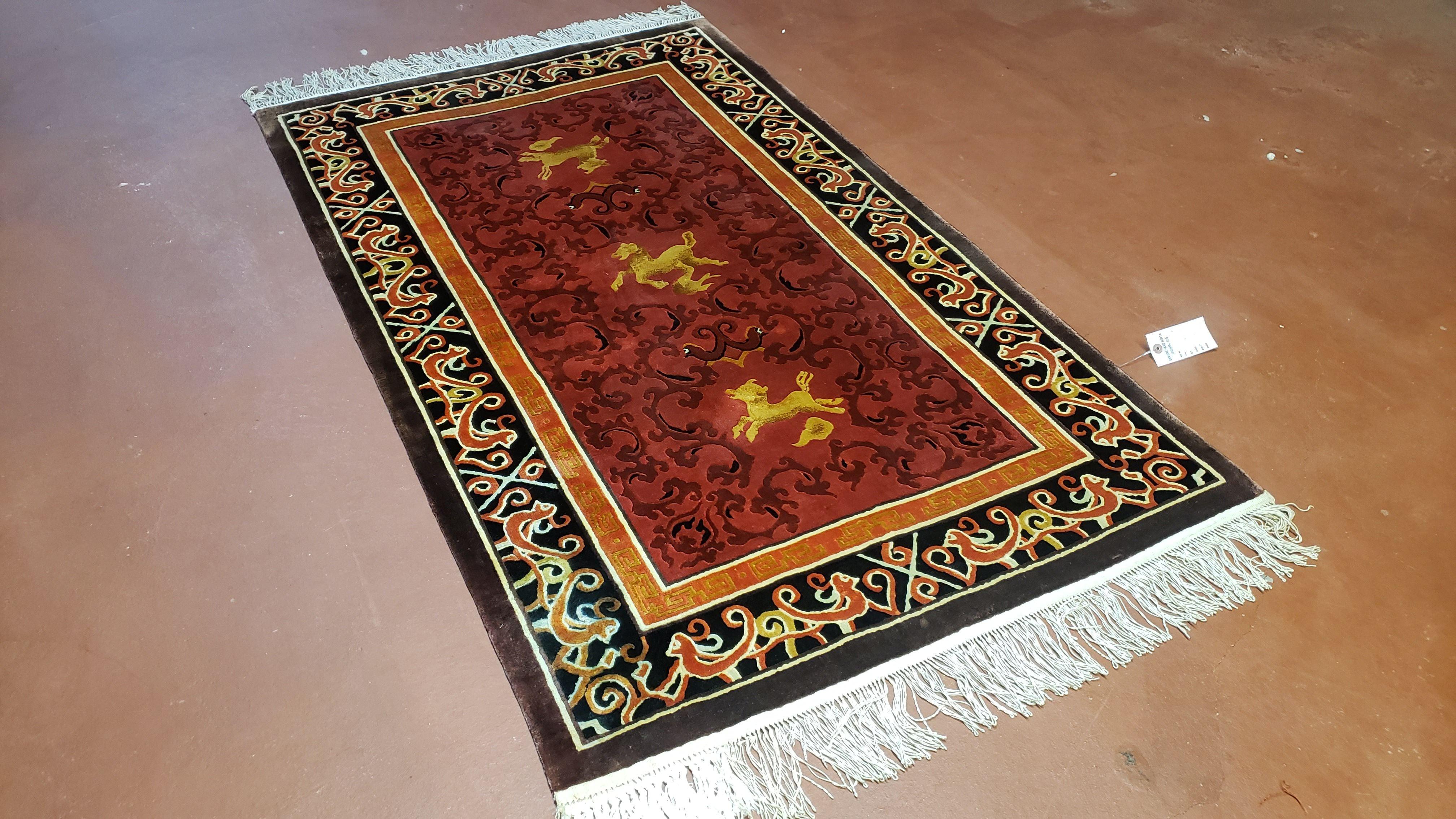 3x5 Chinese Silk Rug Red & Black Horses Tibetan Nepal Carpet Wool Vintage Nice Accent Rug Hand-Knotted - Jewel Rugs