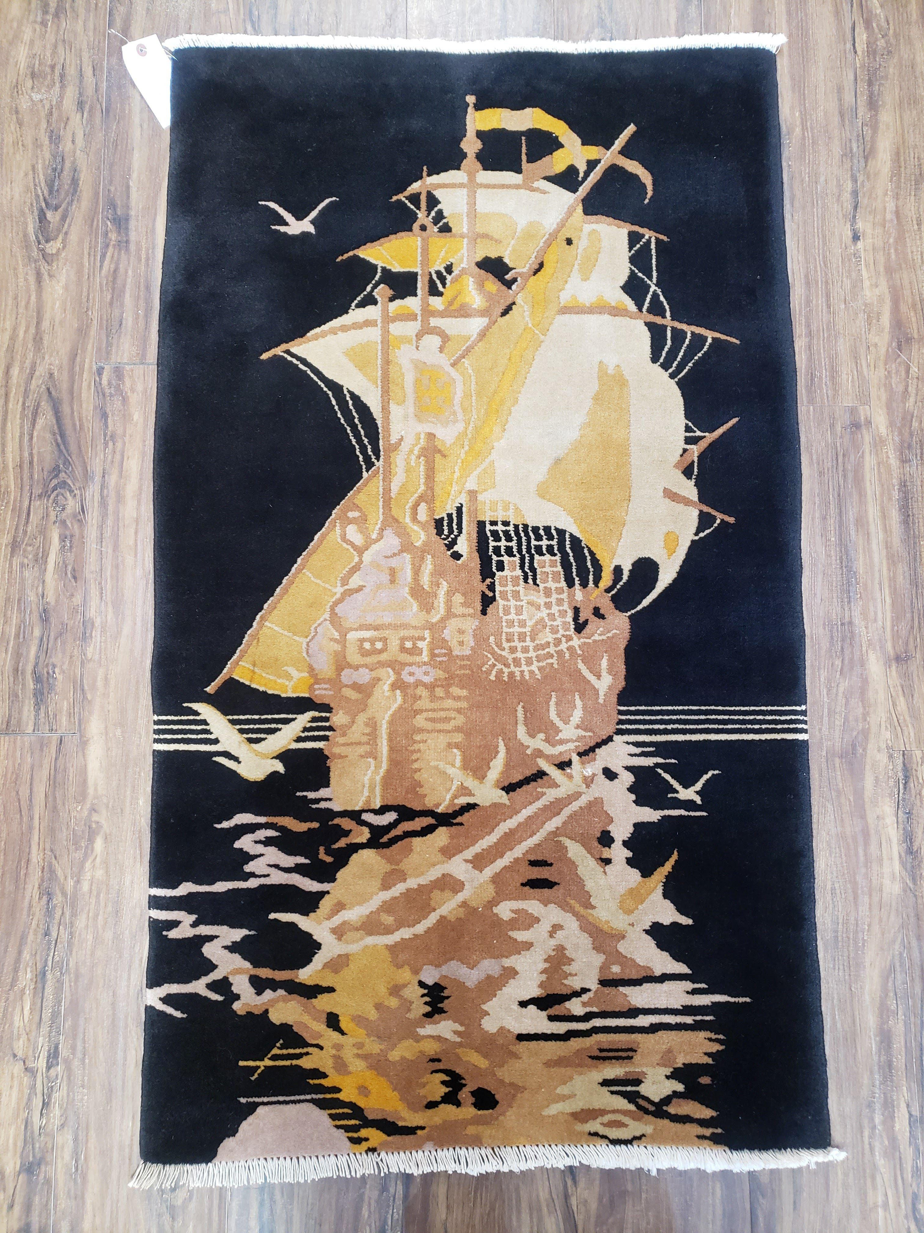 Small Chinese Rug 2'6" x 4' 4", Black Chinese Rug, Boat Ship at Sea with Seagulls, Chinese Art Deco Rug, Vintage 1960s Hand-Knotted Handmade - Jewel Rugs