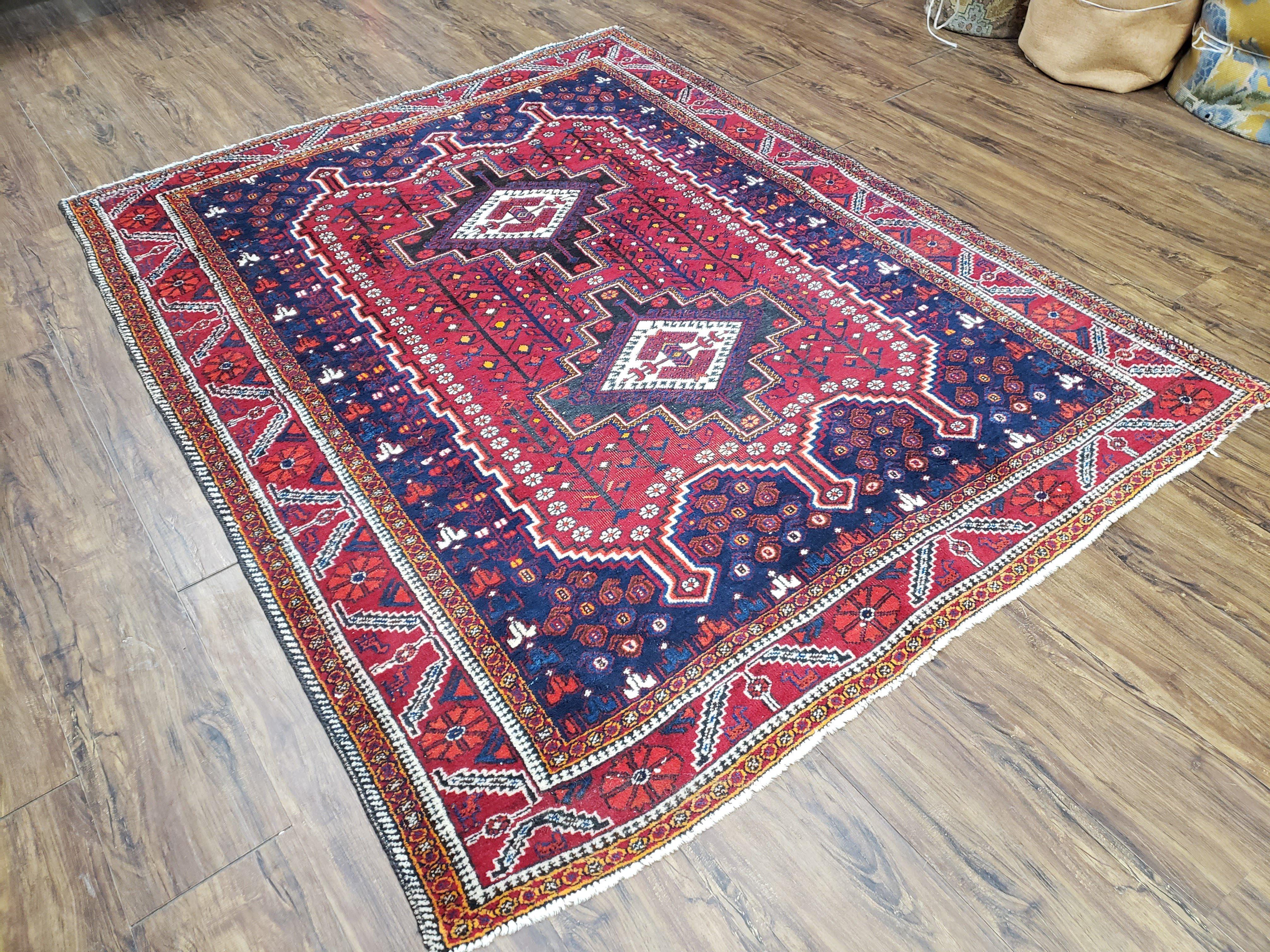 Antique Persian Shiraz Tribal Rug, Afshar Design, Double Medallion, Hand-Knotted, Red and Navy Blue, Wool, 5' 1" x 6' 8" - Jewel Rugs