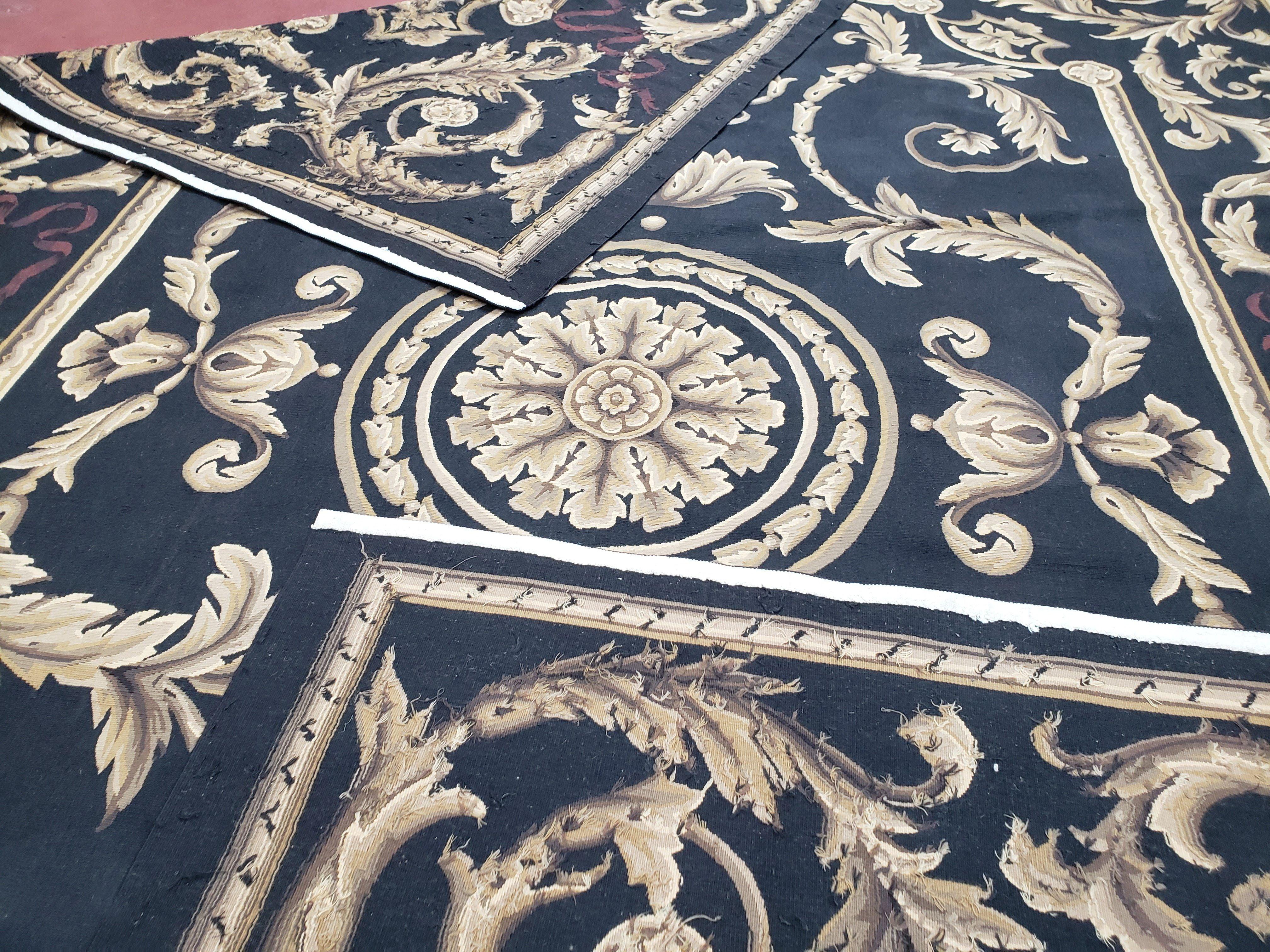 Black and Tan Aubusson Rug, 10 x 14 Aubusson Carpet, New Aubusson Rug, Elegant, Wool, Handmade Area Rug, Flatweave Rug, Large Aubusson Rug - Jewel Rugs