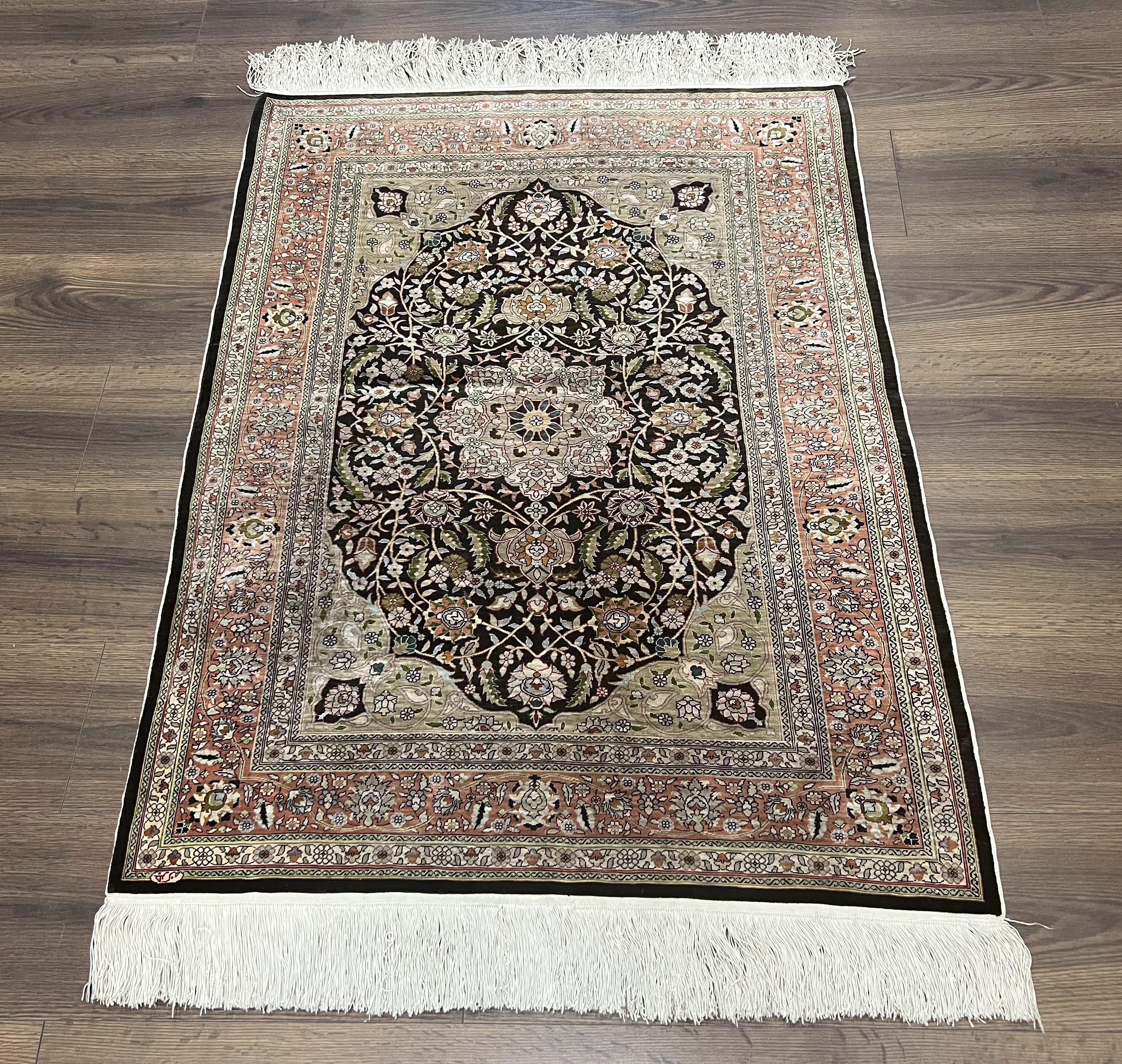 Wonderful Silk Turkish Hereke Rug 3x4, Fine Silk Oriental Carpet, Authentic Hereke Rug, Signature from Master Weaver, Floral Medallion Black - Jewel Rugs