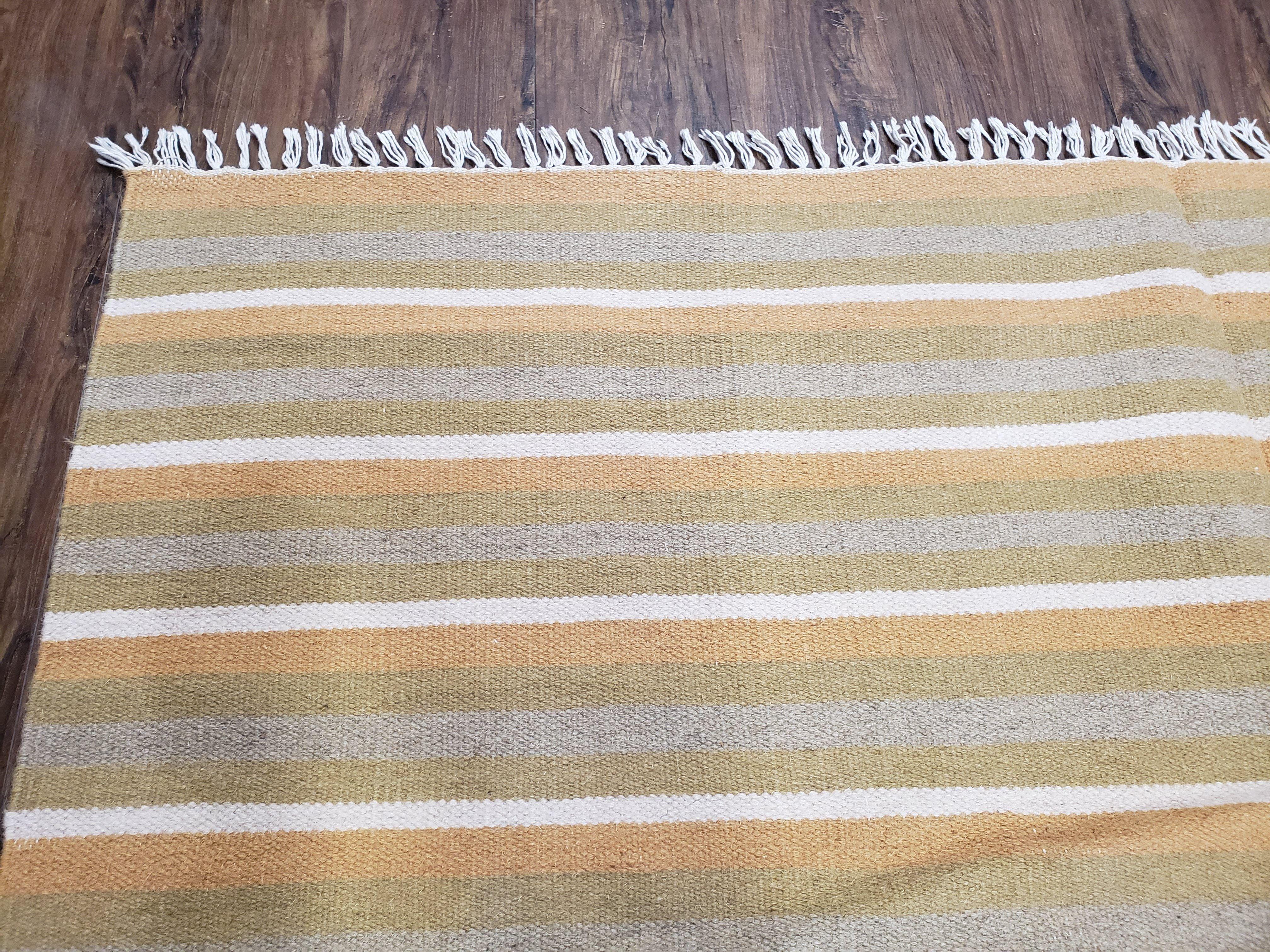 New Indian Kilim Area Rug, 6x8 - 7x8 South American Style Blanket, Striped Indian Wool Hand-Woven Flat Weave 6x9 Bedroom Rug, Ivory Ochre - Jewel Rugs