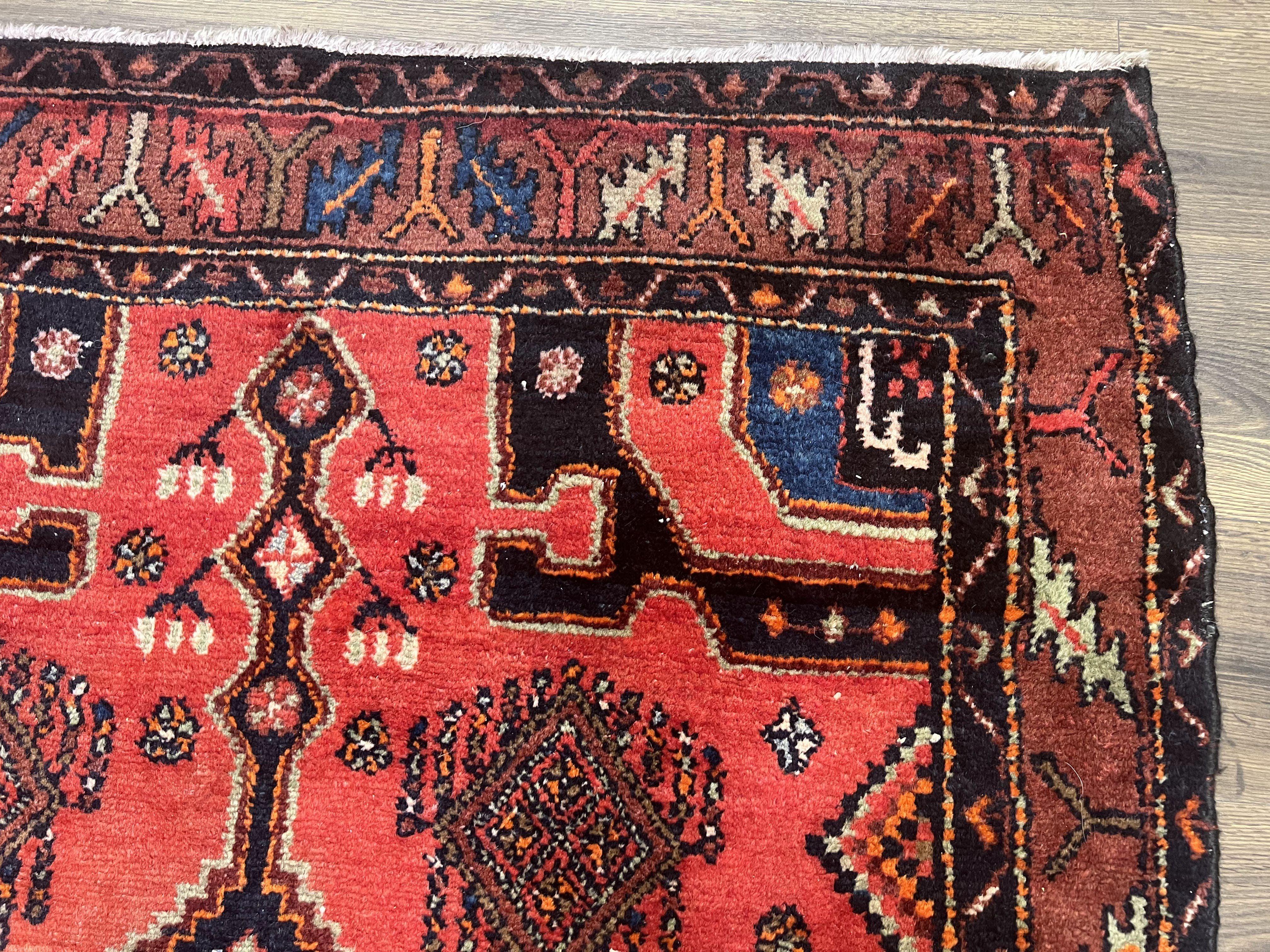 Persian Tribal Runner Rug 4.2 x 10.6, Wide Nahavand Hamadan Runner Rug, Bohemian Carpet, Red Kitchen Runner, Handmade Wool Antique Geometric Medallions - Jewel Rugs