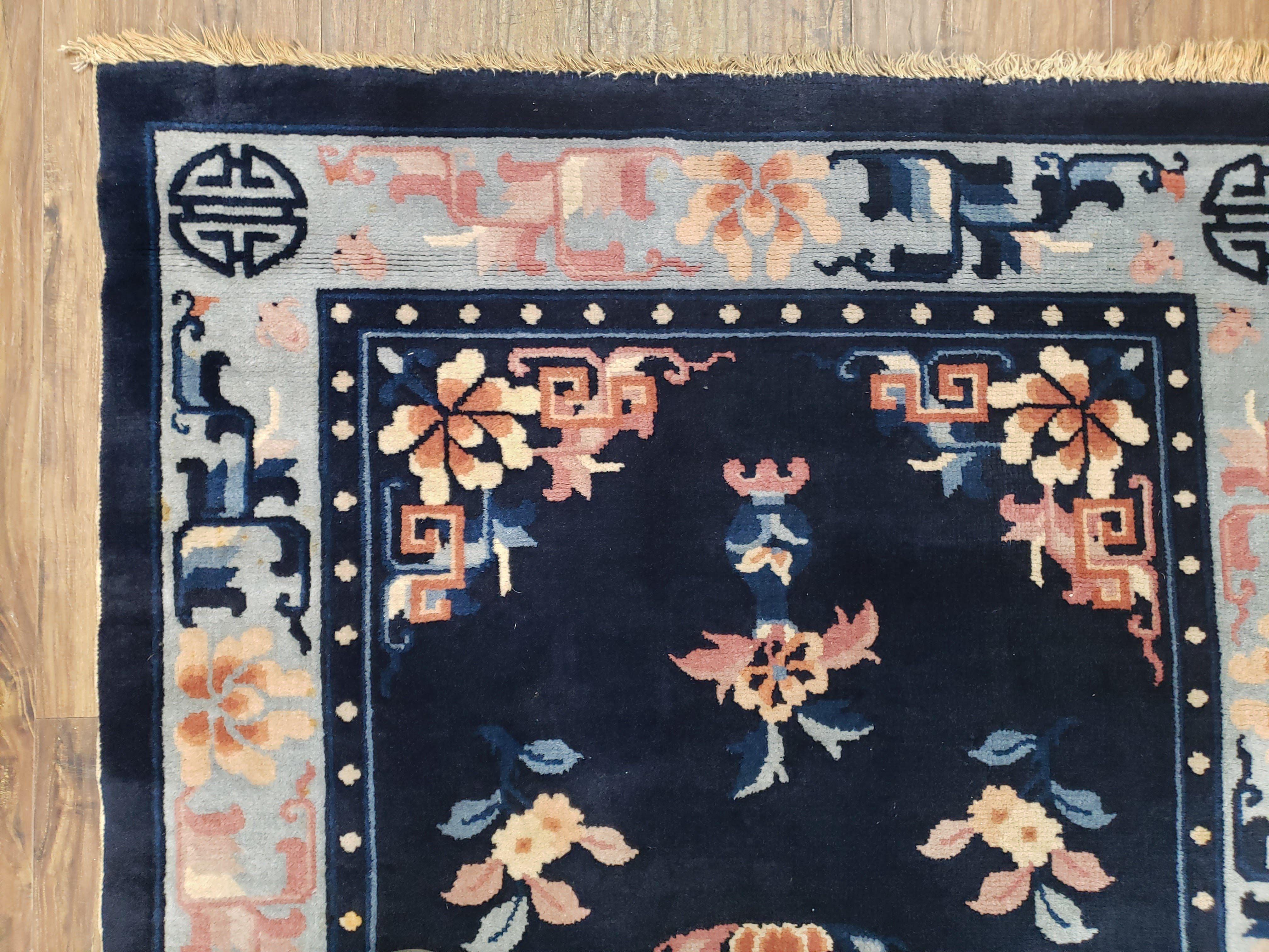 Antique Blue Chinese Peking Rug 3x5, Wool Hand-Knotted Chinese Art Deco Asian Carpet, 3 x 5 Small Entryway Rug, Dark Blue & Beige, Handmade - Jewel Rugs