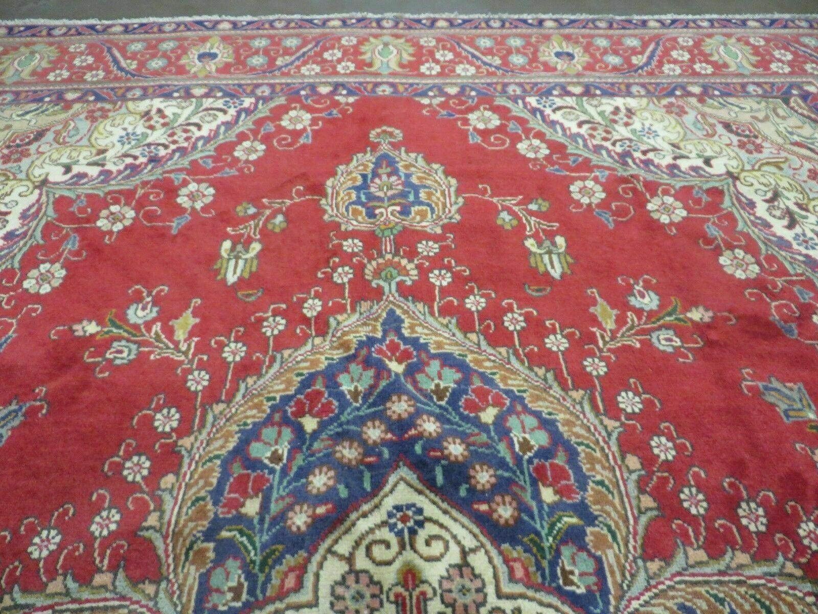 Persian Tabriz Rug 9x13 - Red Blue and Cream Rug - Floral Medallion Rug - Semi Open Field - Hand Knotted Rug - Antique Rug 9 x 13 Vintage Wool Rug - Jewel Rugs