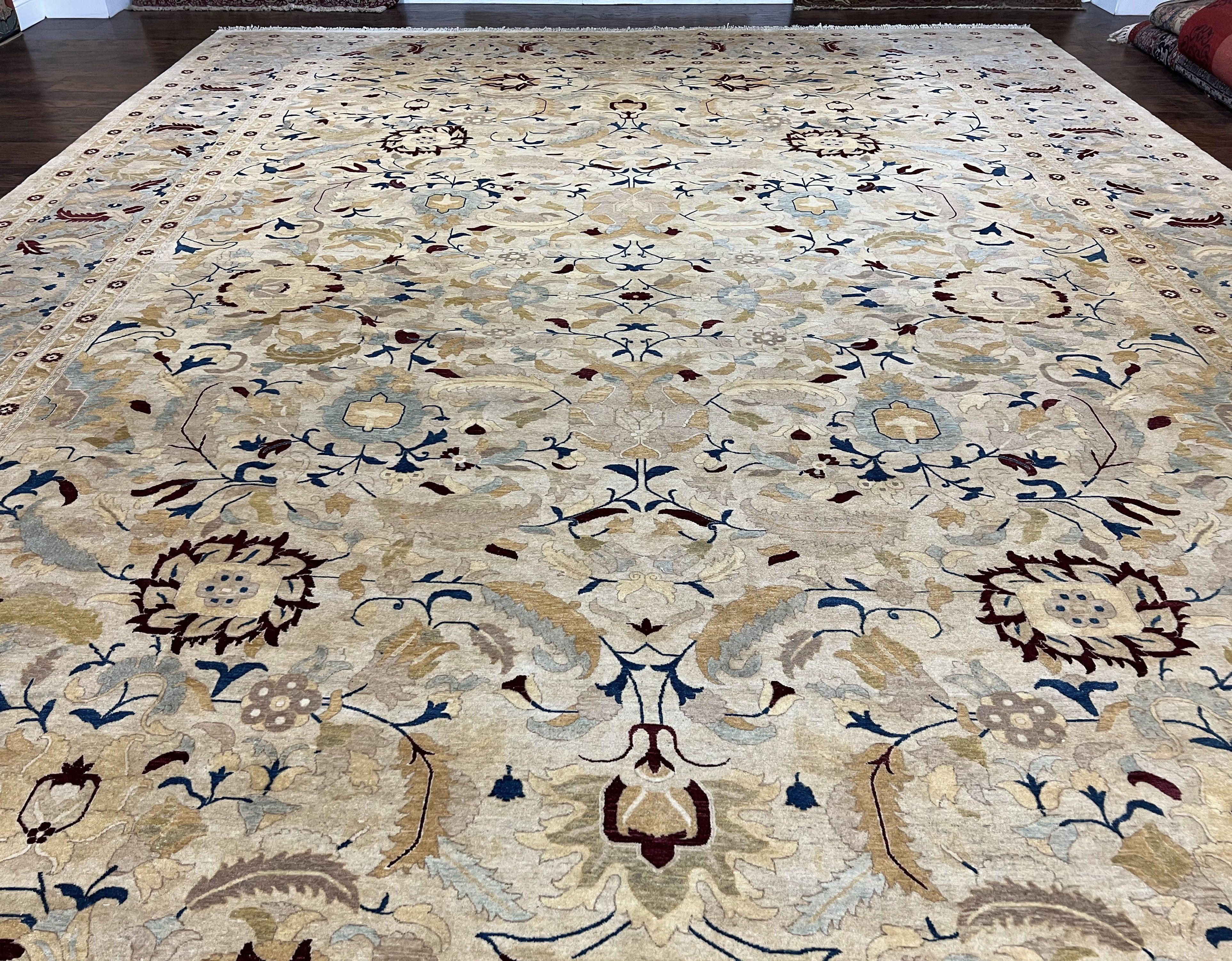 Beautiful Oversized Indian Oriental Rug 12x17 Palace Sized Handmade Wool Carpet, Indo Mahal Oushak, Indo Persian Rug, Oatmeal Light Blue Tan - Jewel Rugs