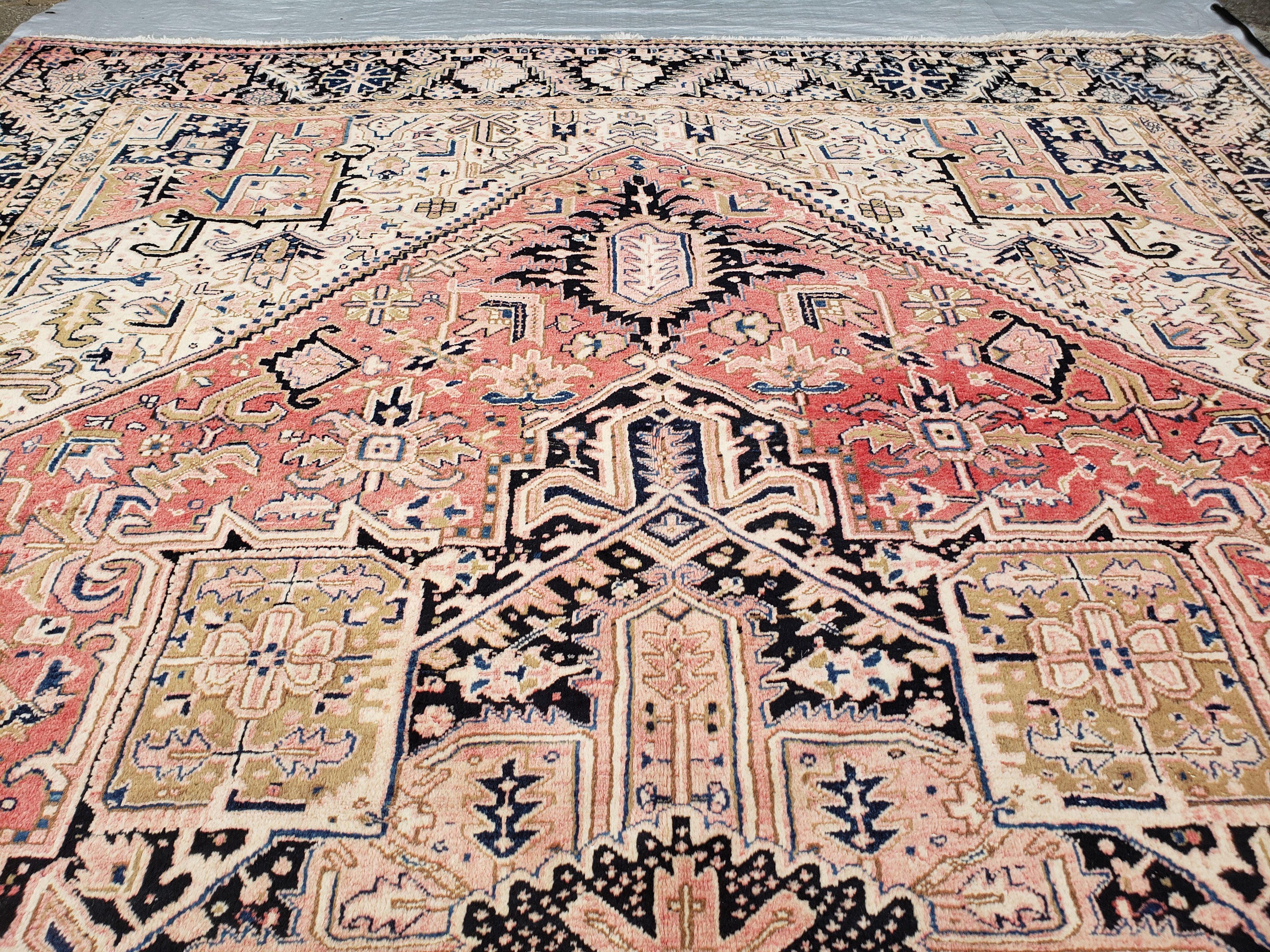 Large Antique Persian Heriz Serapi Rug, Hand-Knotted, Wool, Salmon Red, 9'7" x 13' 3" - Jewel Rugs