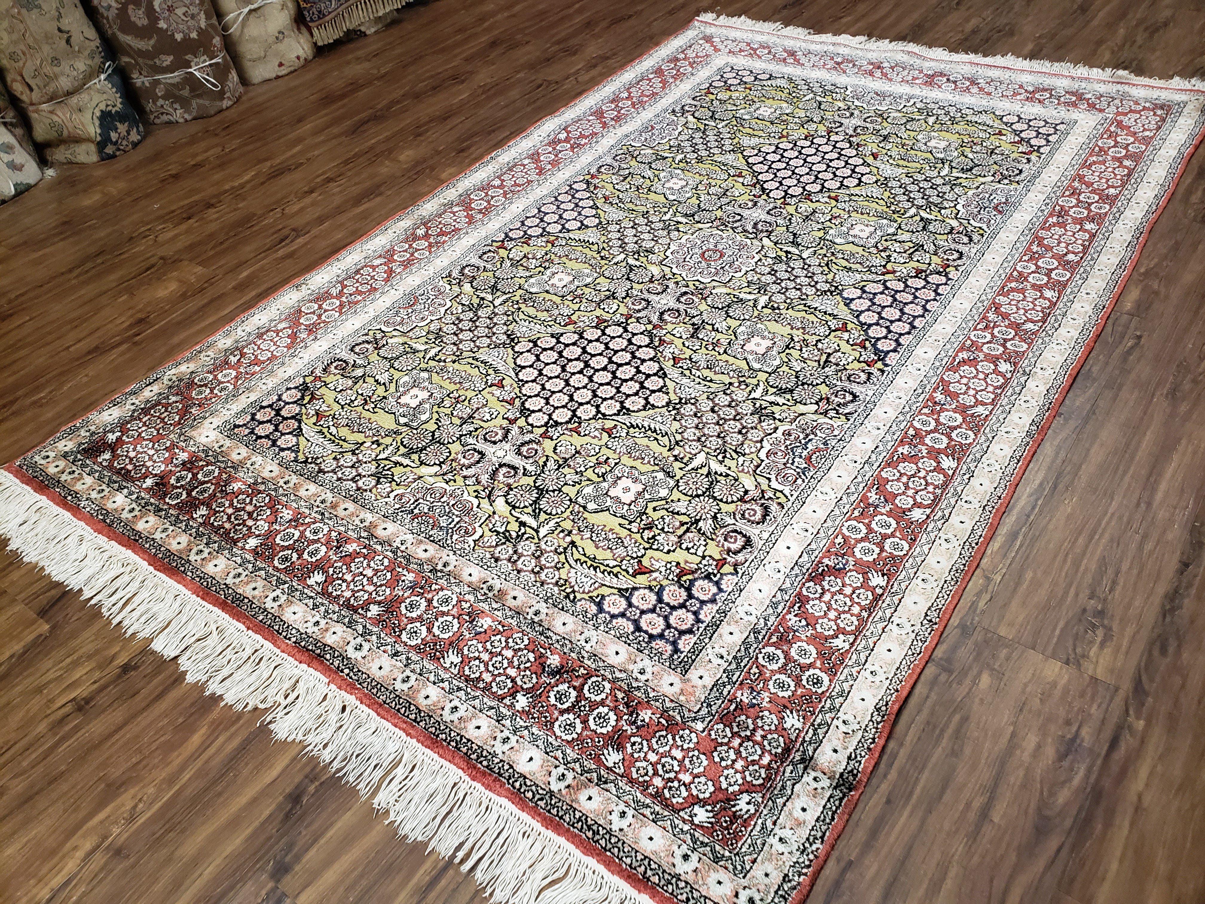 Vintage Silk Rug with Gold Threads, 5x8 Silk Oriental Carpet, Red Black Gold Hand-Knotted Fine Silk Real Gold Wire Threads Kashmiri Silk Rug - Jewel Rugs