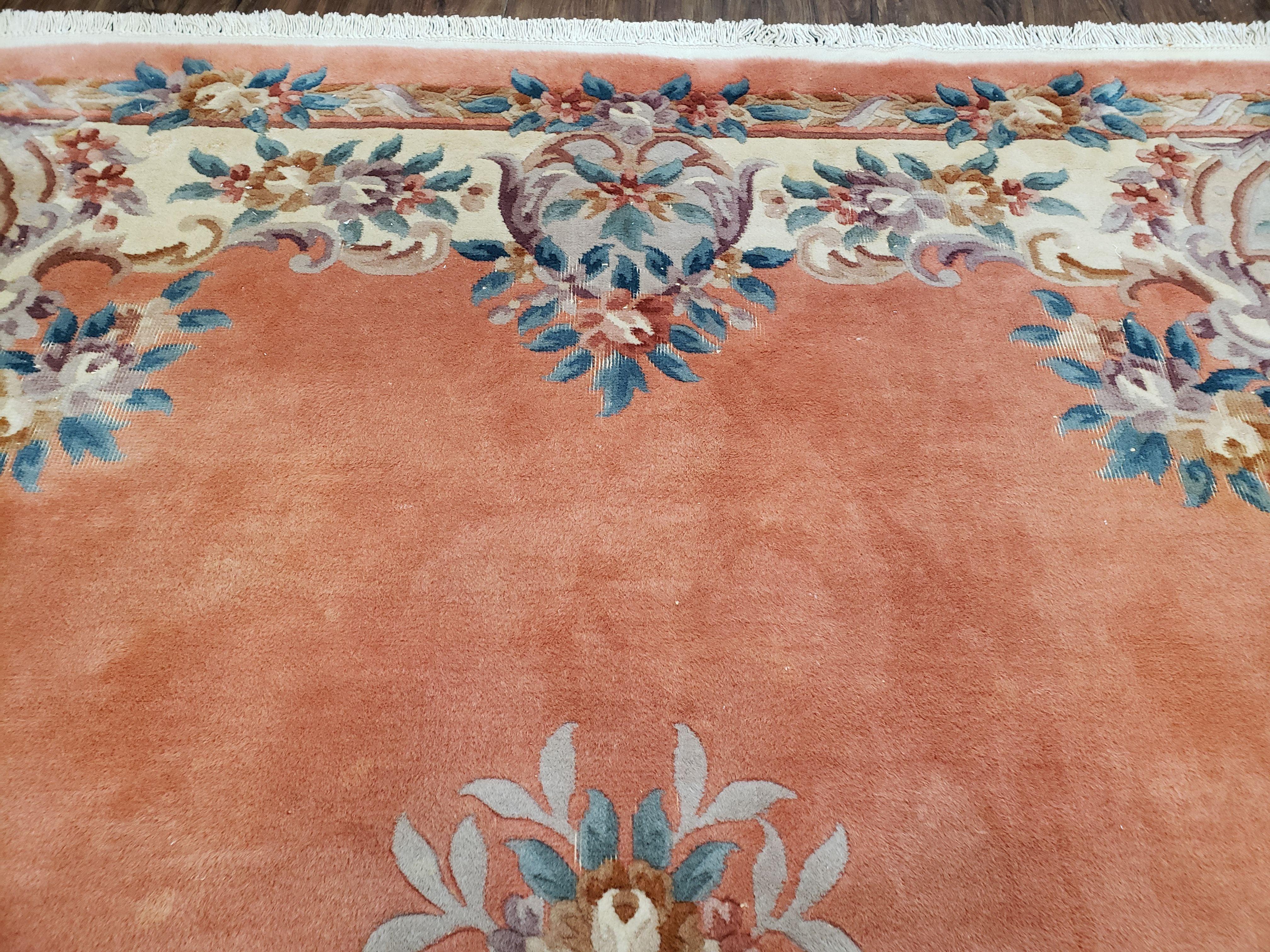 Vintage Chinese Aubusson Area Rug, Light Salmon Beige & Blue, Flowers, Plush Pile, Hand-Knotted, Chinese Art Deco Carpet, 8'3" x 11' 4" - Jewel Rugs