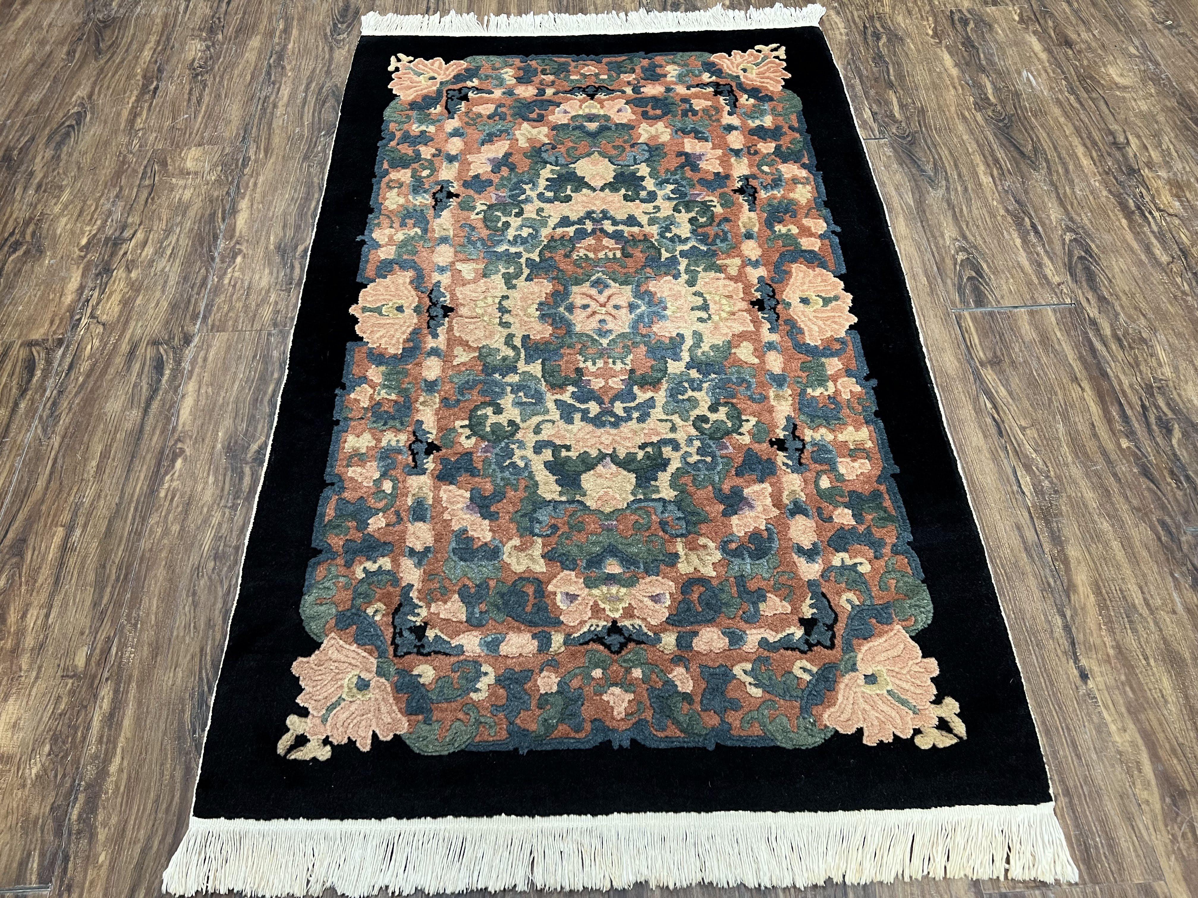 Chinese Art Deco Rug 3x5, Black and Beige Chinese Carpet 3 x 5, Vintage Rug, 1950s Rug, Floral Rug, Handmade Rug, Art Deco Rug, Wool Rug - Jewel Rugs