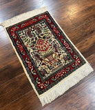 Small Indo Persian Rug 2x3 ft, Wool with Silk Highlights, Animal Pictorial Motifs Birds Vase Flowers, Cream and Maroon, Hand Knotted Fine - Jewel Rugs