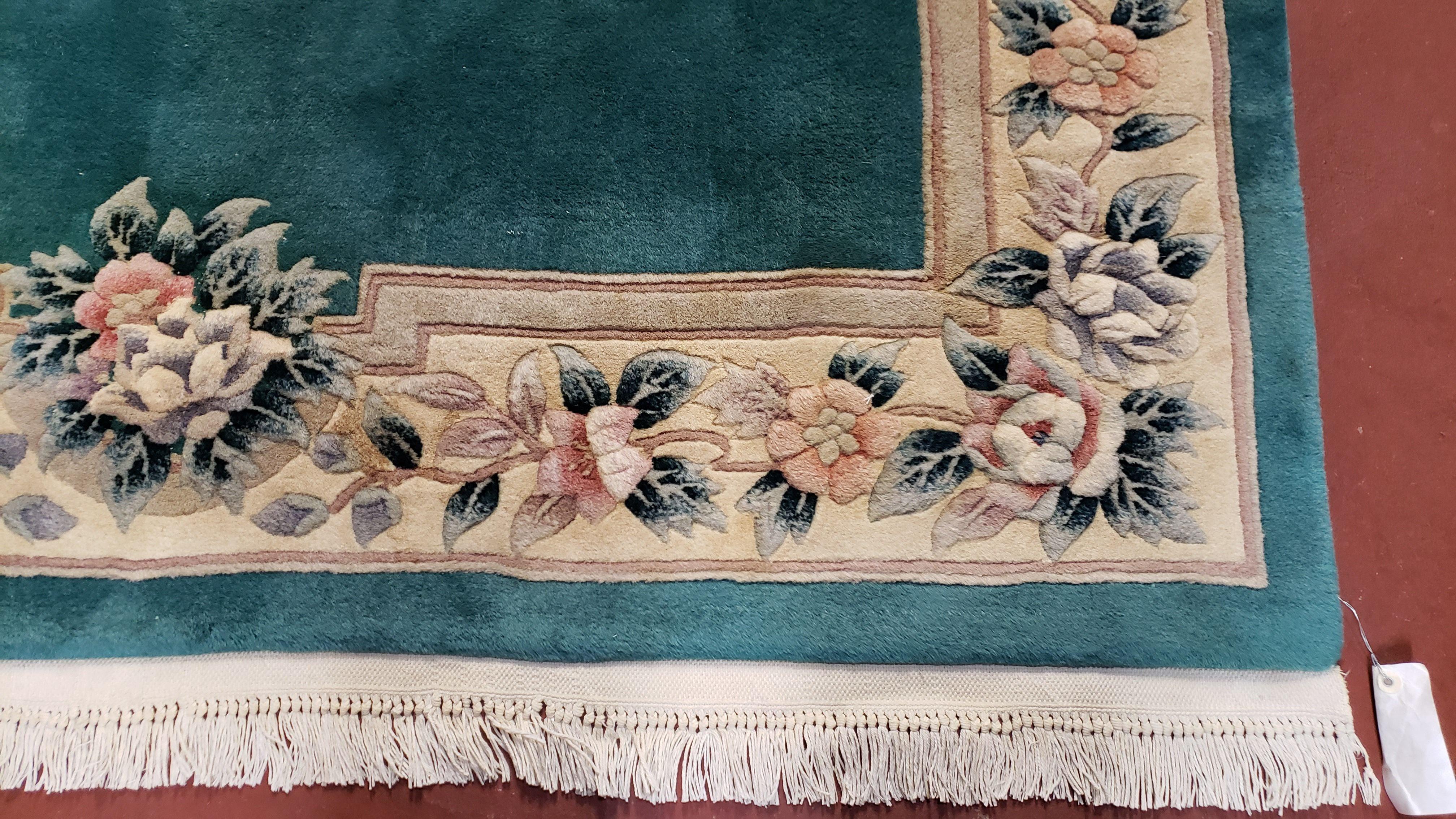 Teal Chinese Rug 6x9, Vintage Chinese Wool Carpet, Aubusson Pattern, Beige Border, Floral Design, Handmade Area Rug, Soft Plush Pile - Jewel Rugs