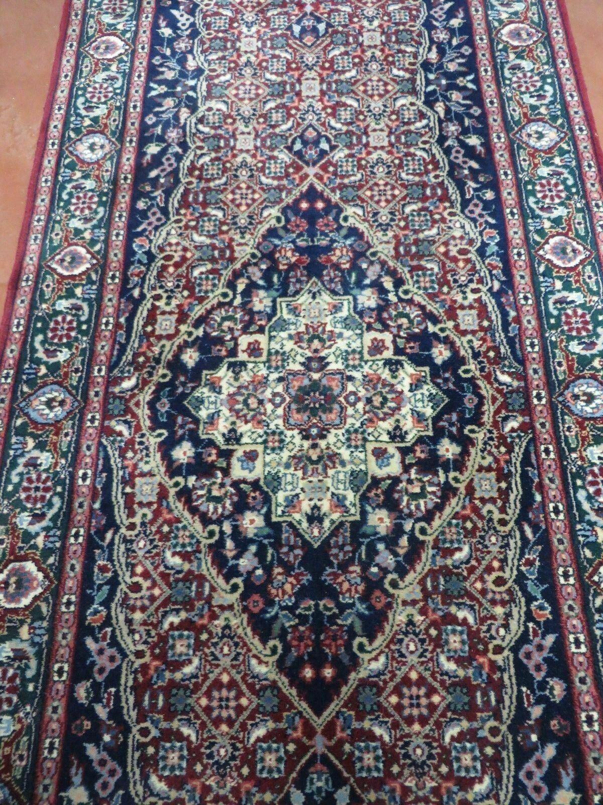 2' 6" X 12' Vintage Handmade India Floral Blue & Red Wool Runner Rug Oriental Carpet - Jewel Rugs