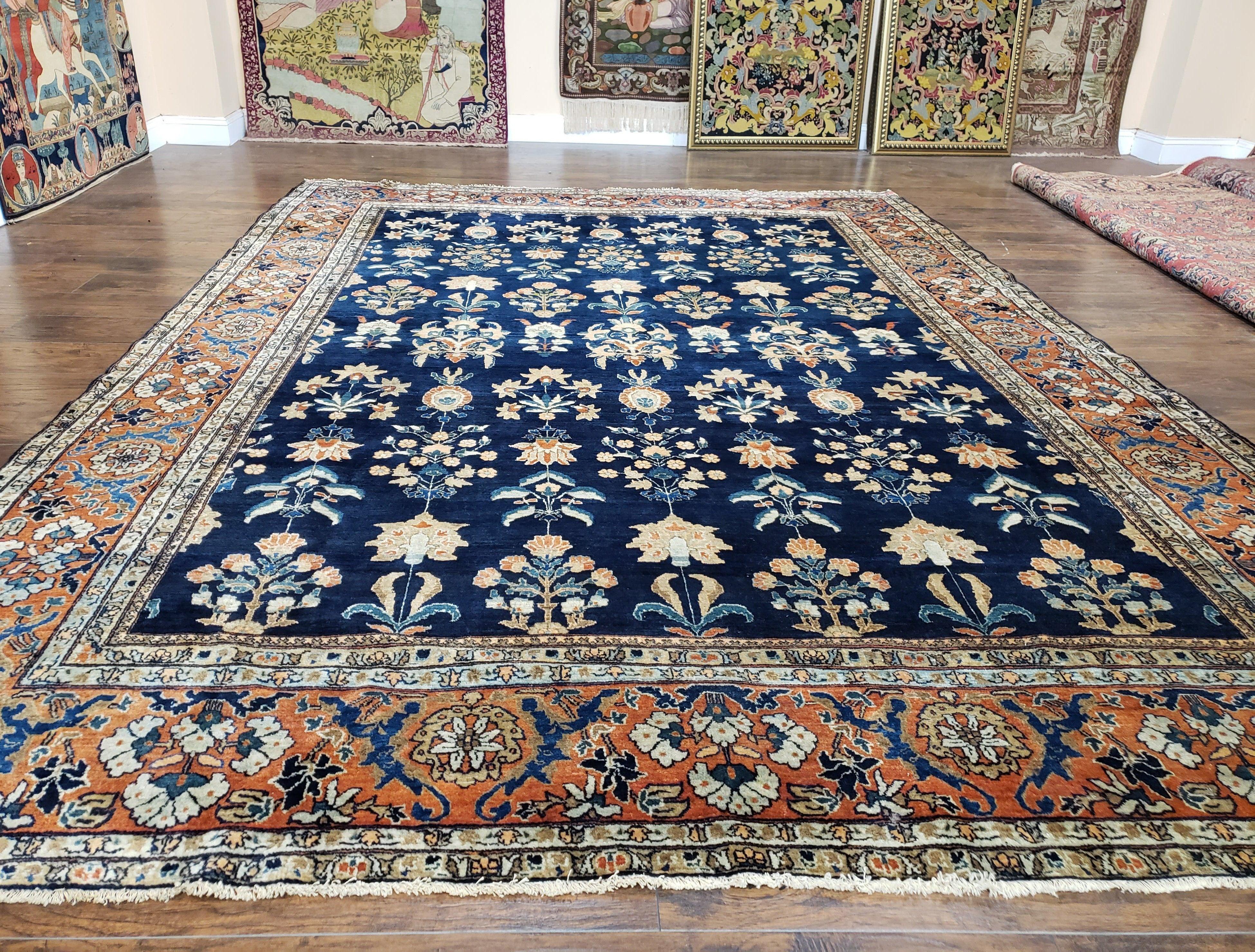 1920s Antique Persian Sarouk Mahajaran Rug, Hand Knotted, Wool, Dark Blue and Red, 8'7" x 11'10' - Jewel Rugs