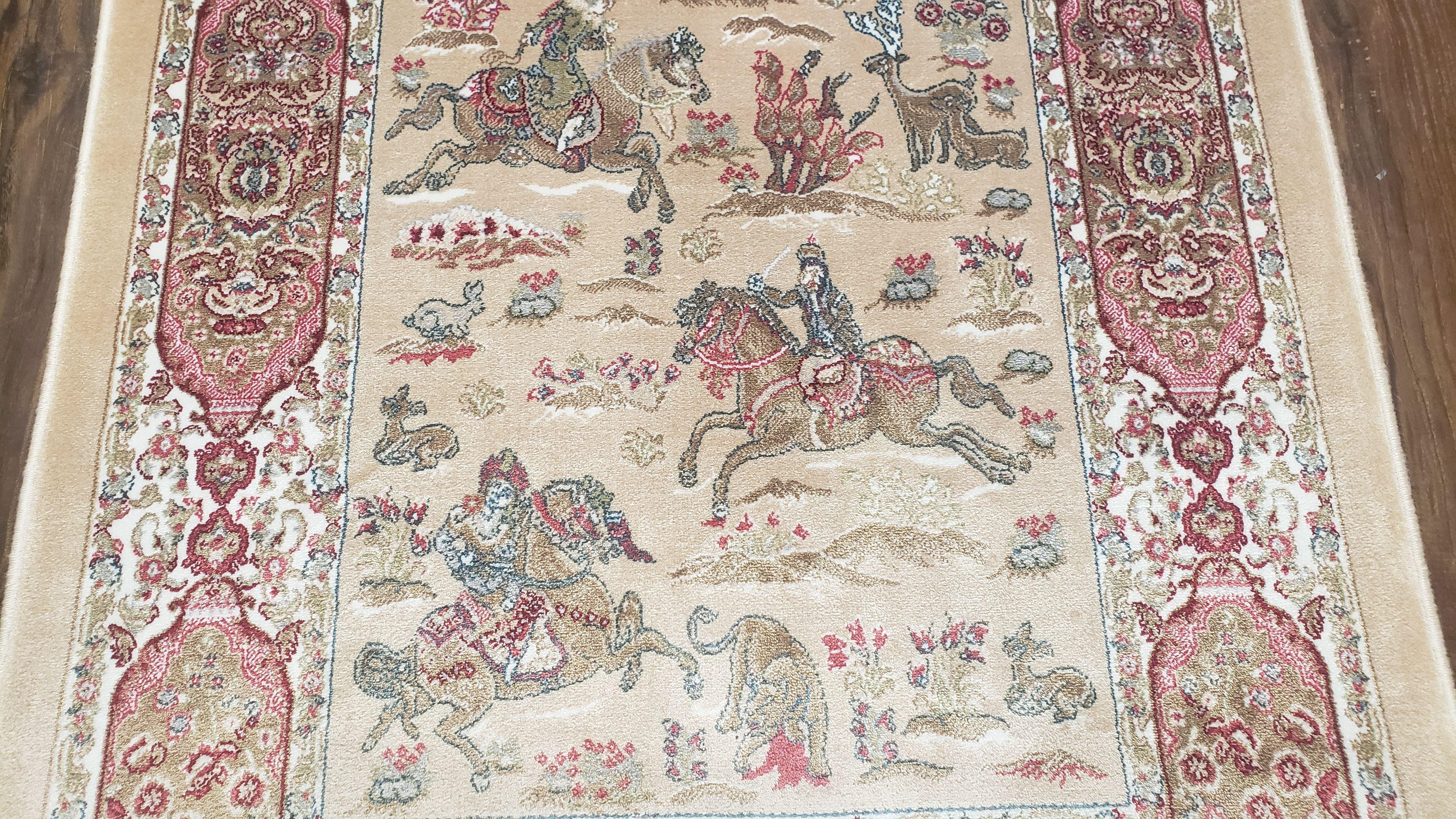 2x3 Silk Carpet, Small Hunting Rug, Hunting Scene, Tan Cream Brown Rug, Bamboo Silk Tapestry Wall Hanging Rug, Horses, New - Jewel Rugs