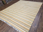 New Indian Kilim Area Rug, 6x8 - 7x8 South American Style Blanket, Striped Indian Wool Hand-Woven Flat Weave 6x9 Bedroom Rug, Ivory Ochre - Jewel Rugs