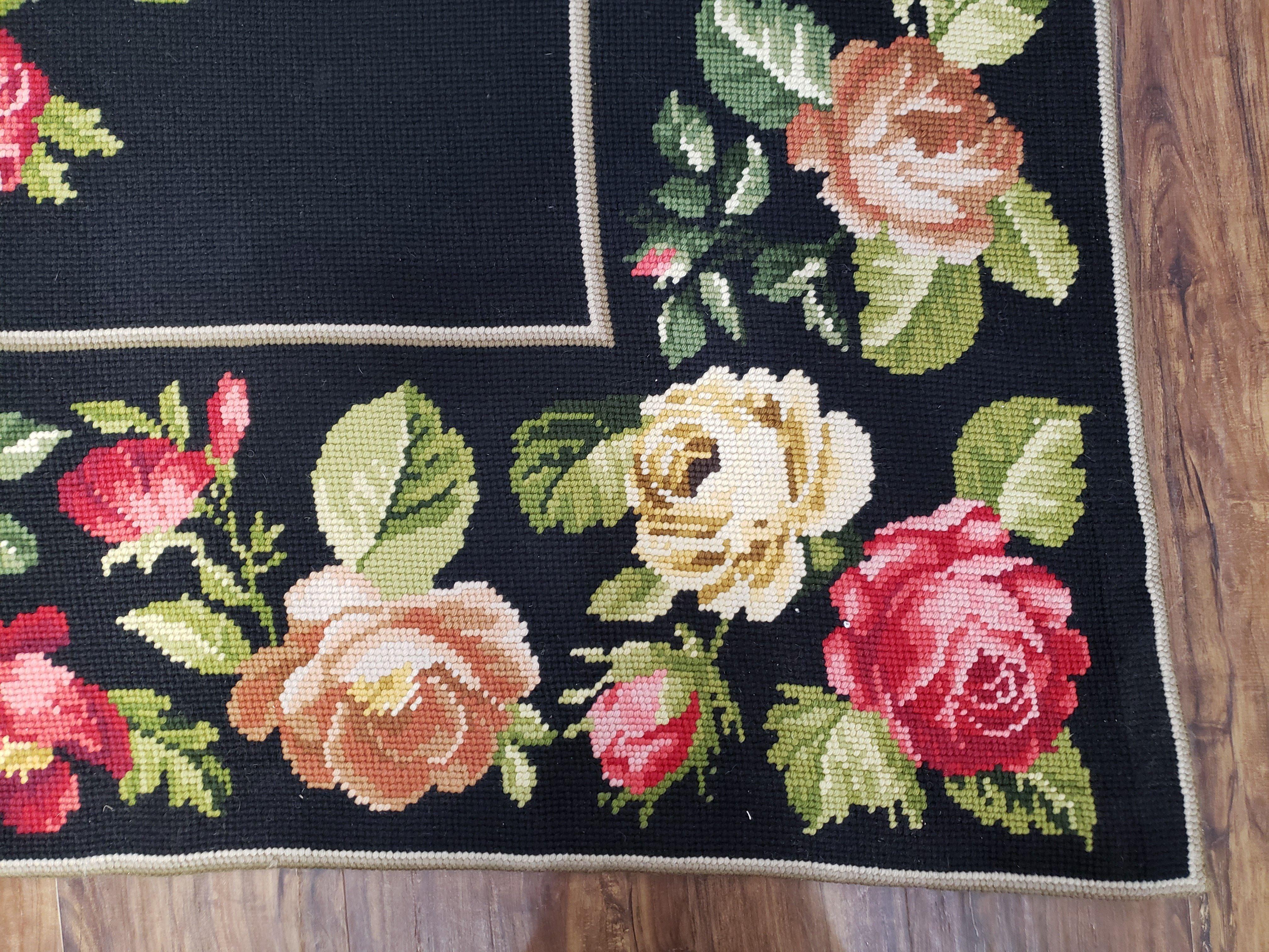 Vintage Black Floral Needlepoint Area Rug 5x8 - 6x9, Large Red & Pink Rose Flowers, Wool Hand-Woven Petitepoint Flatweave Living Room Carpet - Jewel Rugs