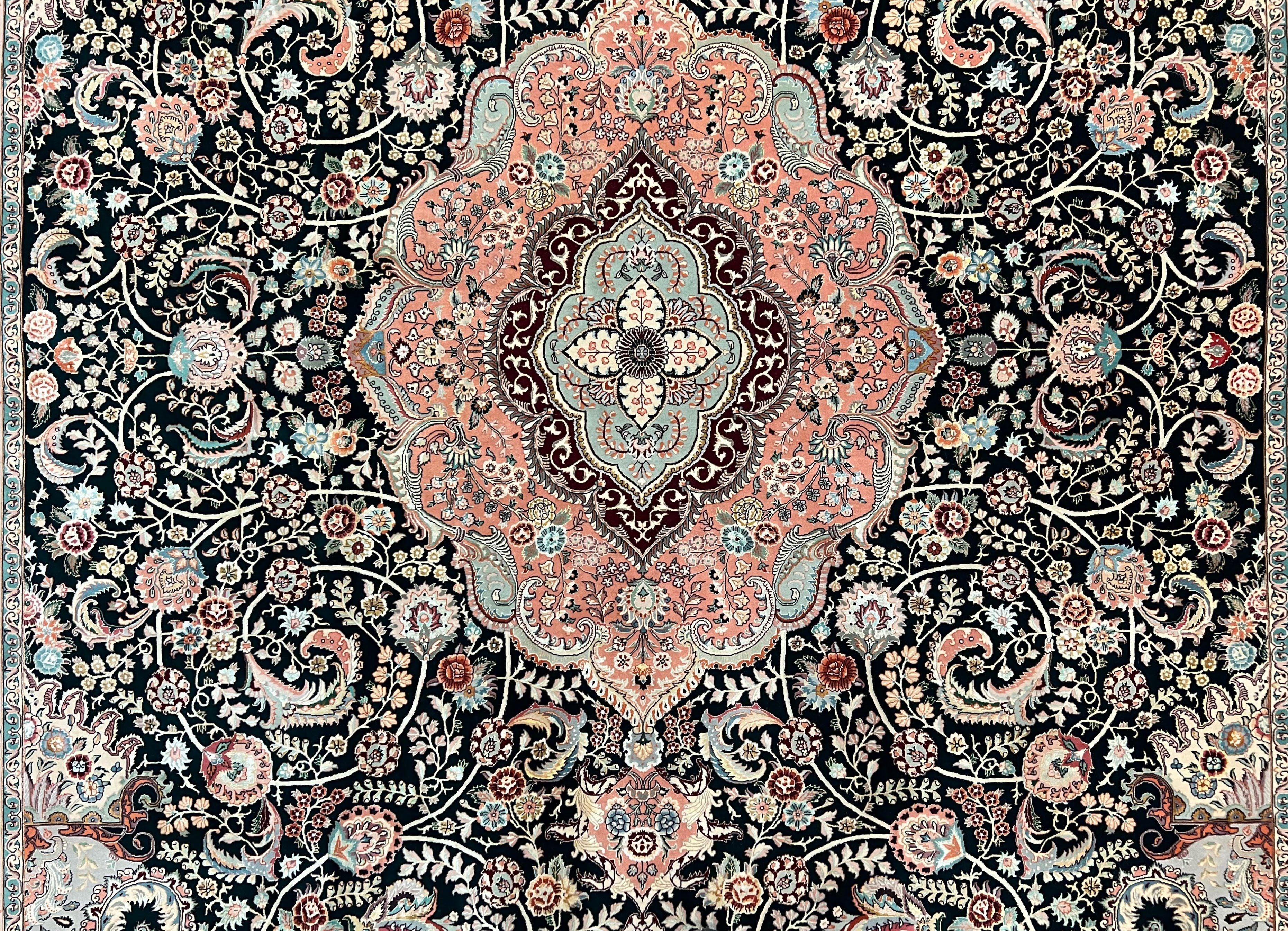 Wonderful Sino Persian Rug 10x14, Wool on Silk Foundation, Very Fine Floral Medallion Oriental Carpet, Dark Green Salmon Pink Light, Wow - Jewel Rugs