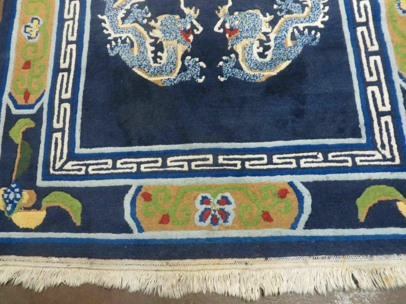 3' X 6' Vintage Handmade Chinese Art Deco Peking Wool Rug Carpet Dragons Blue - Jewel Rugs