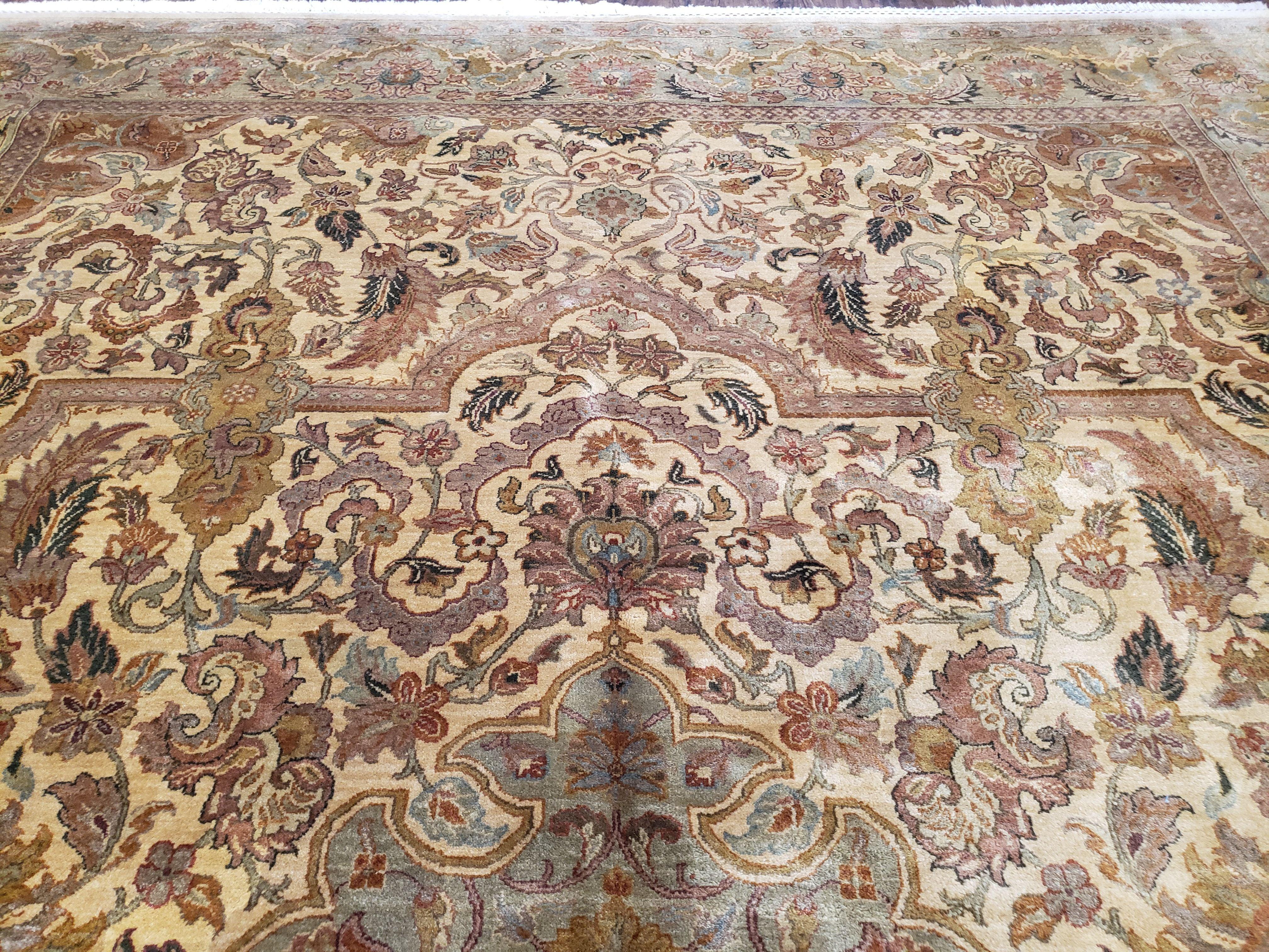 Vintage Indo Mahal Area Rug, Tea Washed Oriental Carpet, Hand-Knotted, Wool, 9x12 Rug, Beige & Green, Fine Indian Rug - Jewel Rugs