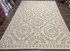 Large Wool Needlepoint Rug 10x14, Vintage Chinese Needlepoint Carpet 10 x 14, Diamond Panel, Room Sized Flatweave Rug, Handwoven Beige Blue - Jewel Rugs