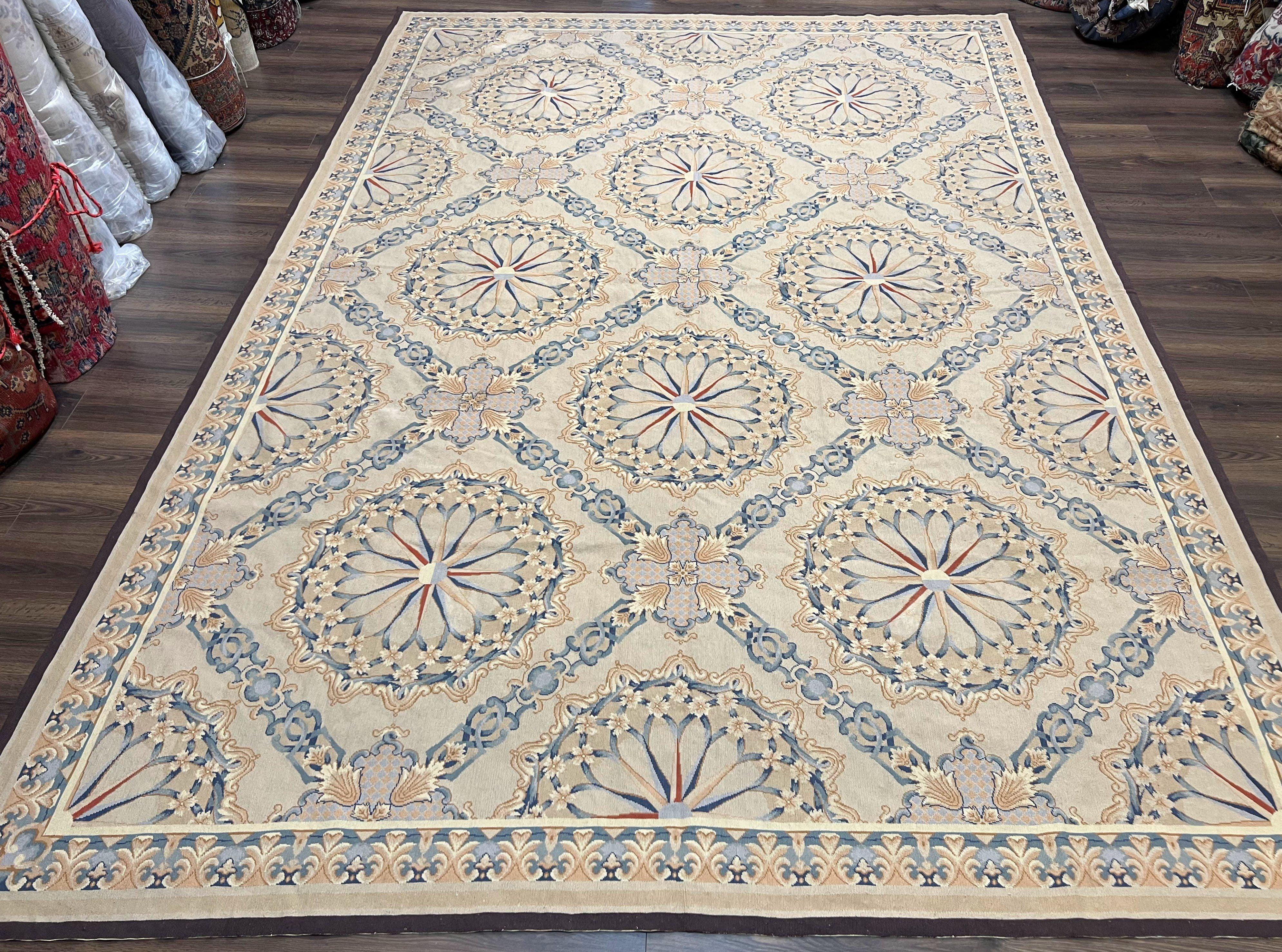 Large Wool Needlepoint Rug 10x14, Vintage Chinese Needlepoint Carpet 10 x 14, Diamond Panel, Room Sized Flatweave Rug, Handwoven Beige Blue - Jewel Rugs