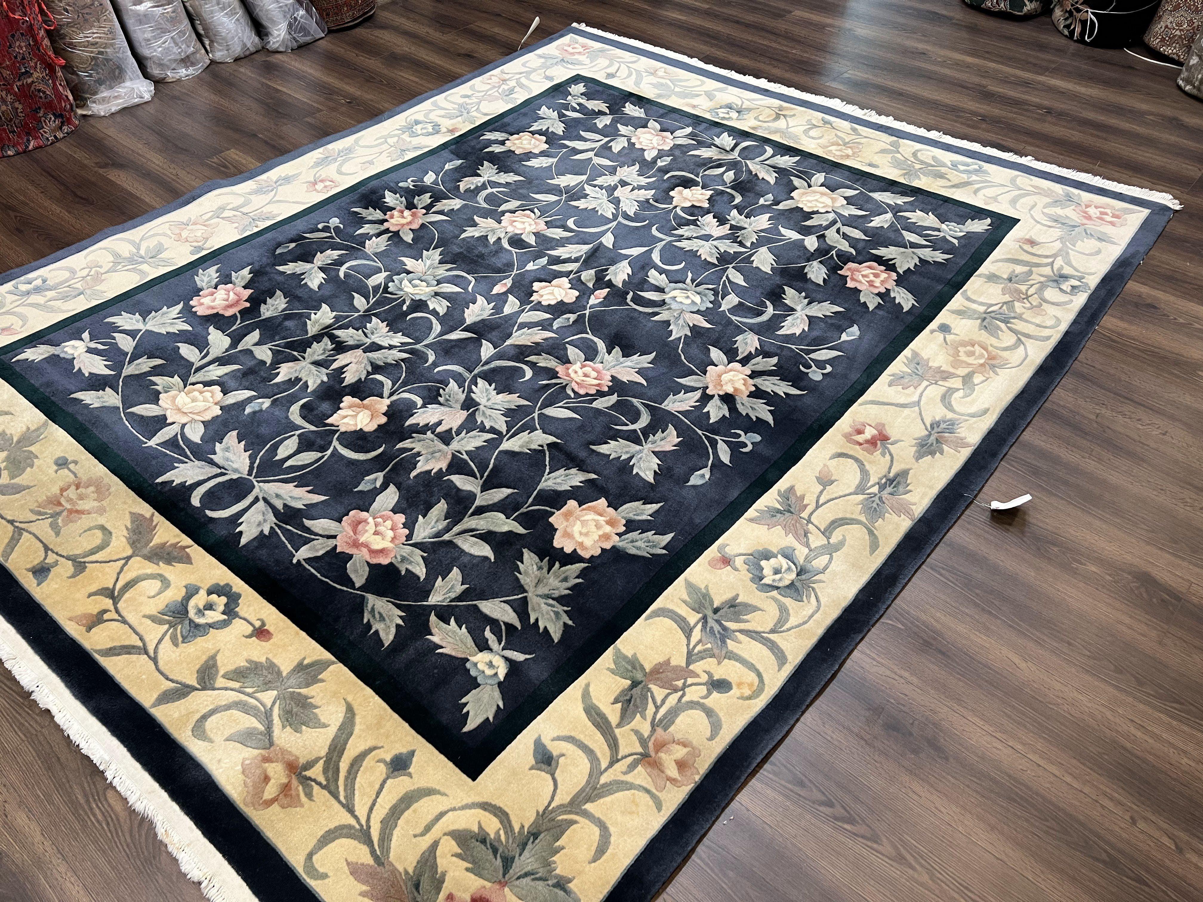 Chinese Wool Rug 8x10, Vintage Fine 120 Line Carpet, Metallic-Navy Blue & Cream, Soft Plush Wool, Allover Floral, 1960s Handmade Area Rug - Jewel Rugs