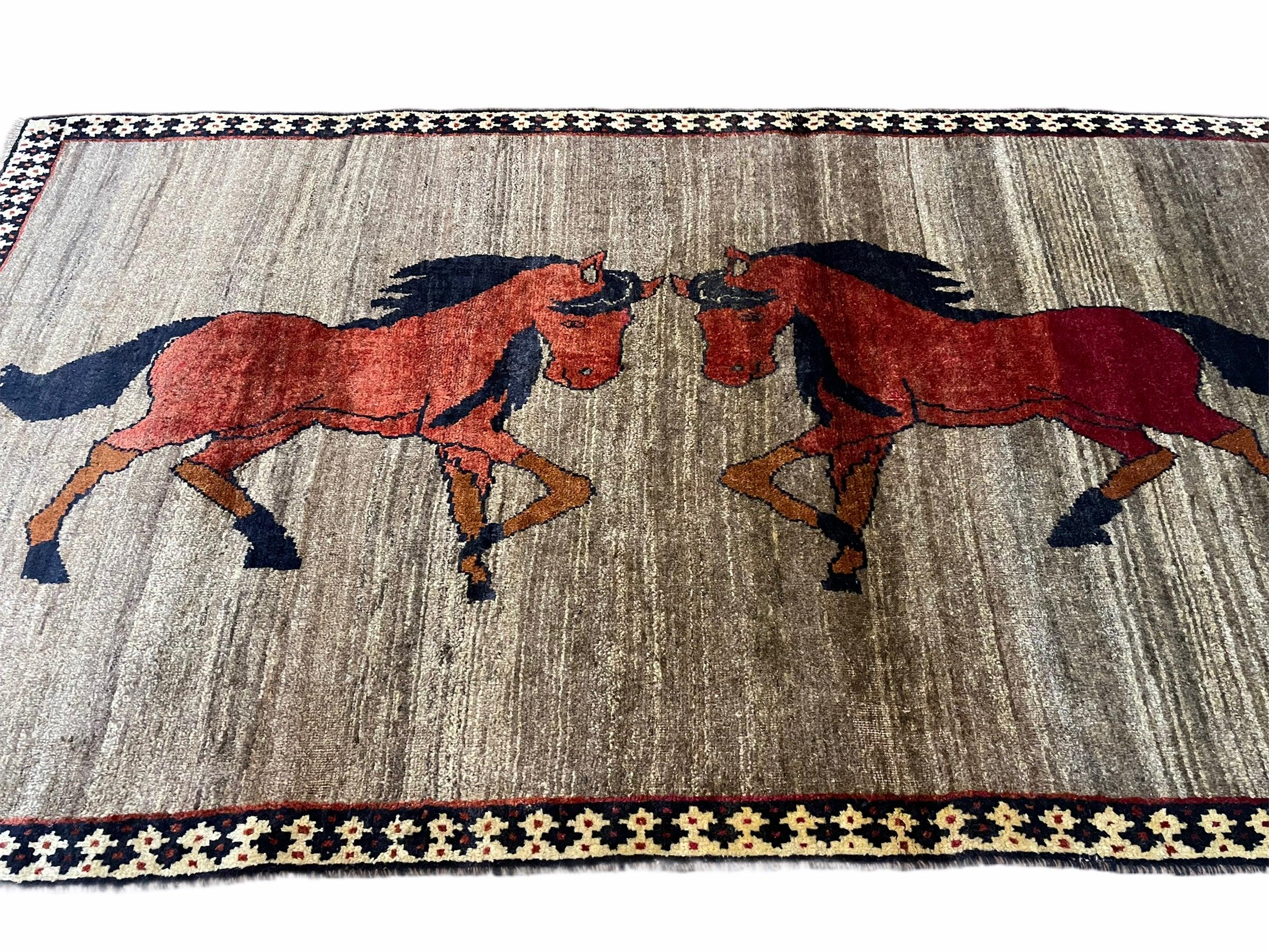 4 X 7 Handmade Hand-Knotted Quality Wool Rug Pictorial Horses Veggie Dyes Tribal - Jewel Rugs