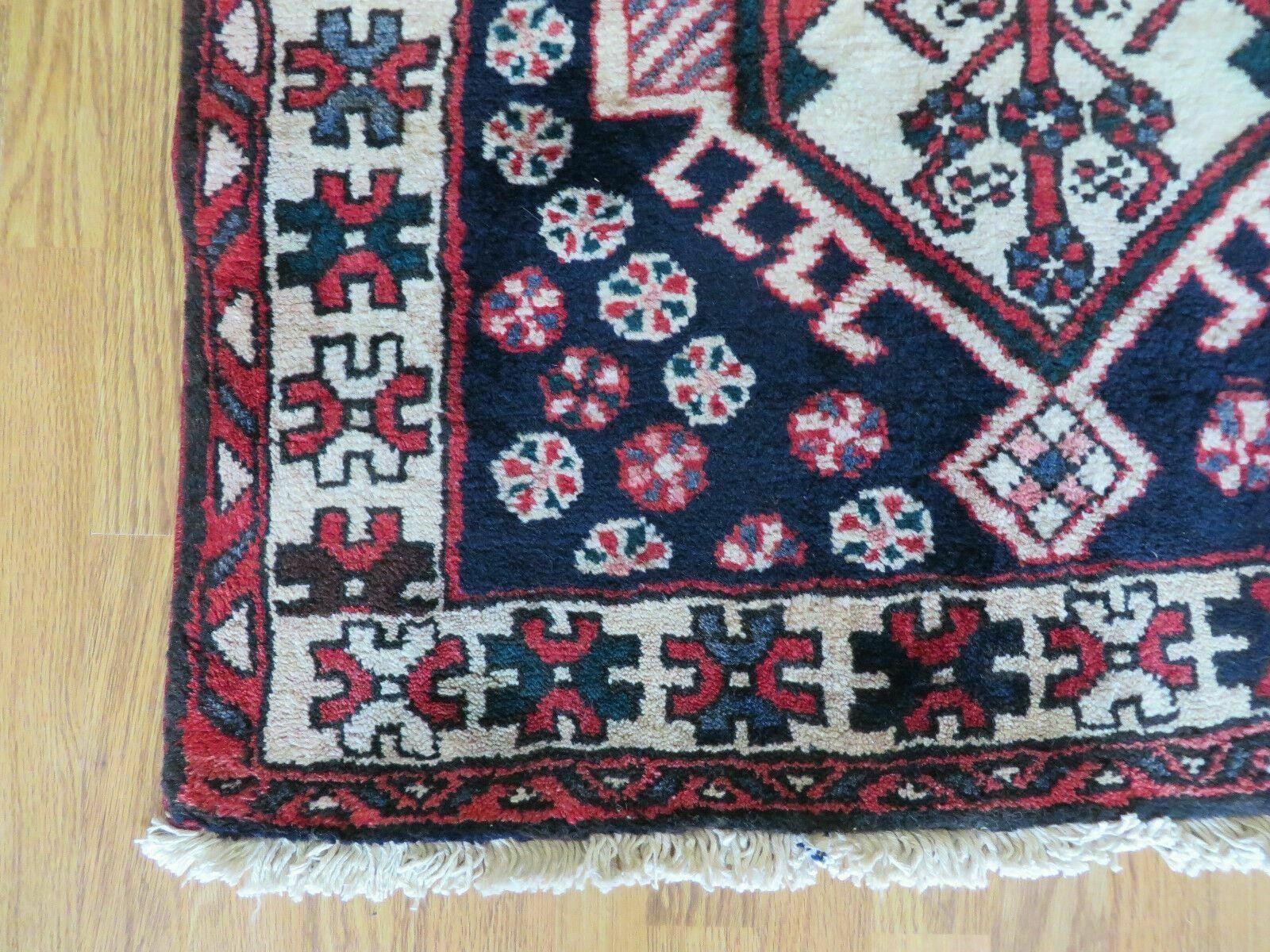 Persian Tribal Runner Rug 3.5 x 10.7, Persian Karajeh Heriz Rug, Hand Knotted Antique Wool Vegetable Dyed Hallway Runner, Navy Blue Red Off White, Geometric Medallions - Jewel Rugs