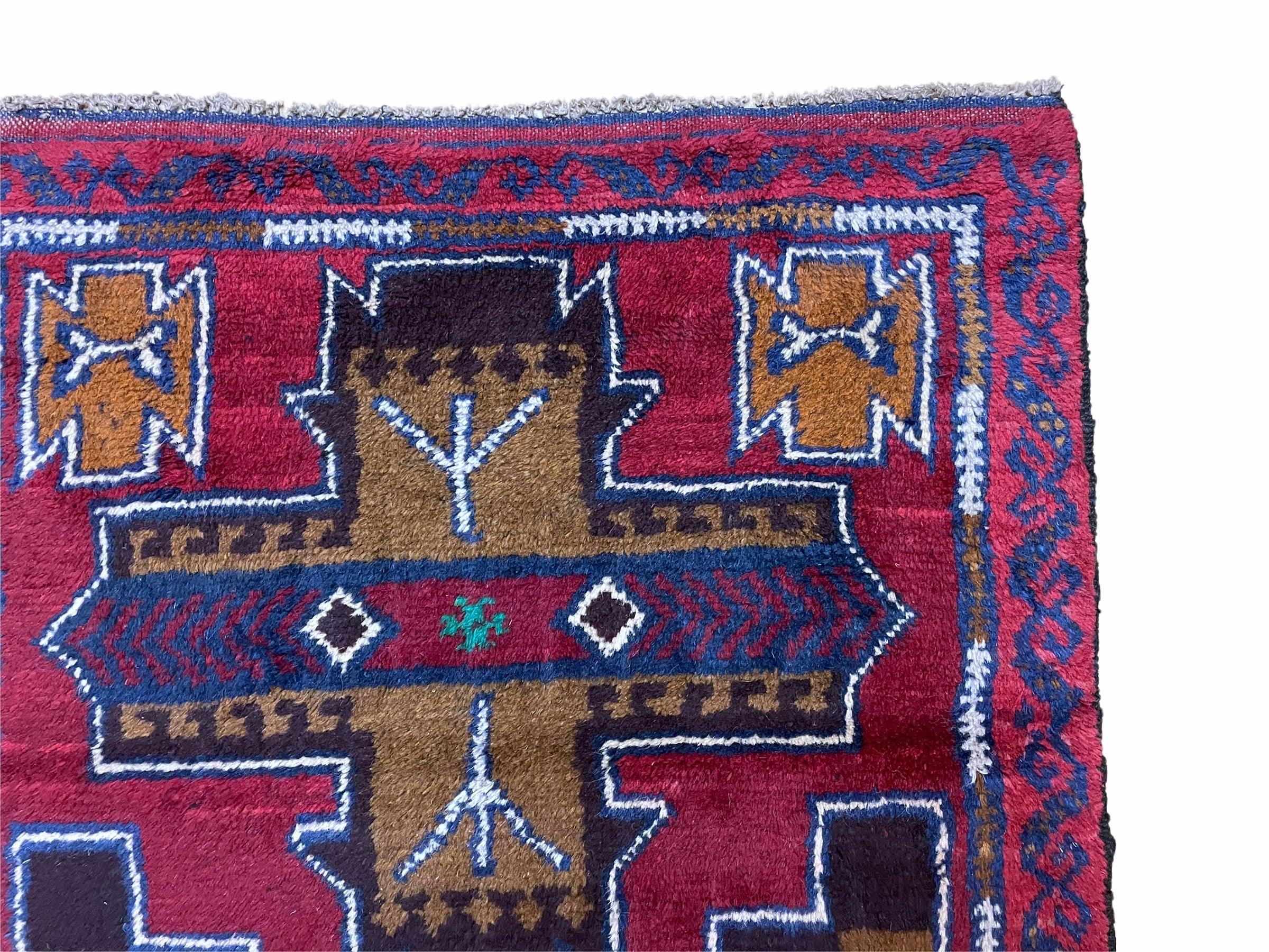 2' 10" X 4' 9" Vintage Handmade Tribal Wool Rug Balouchi Rug Afghan Rug Red Blue - Jewel Rugs