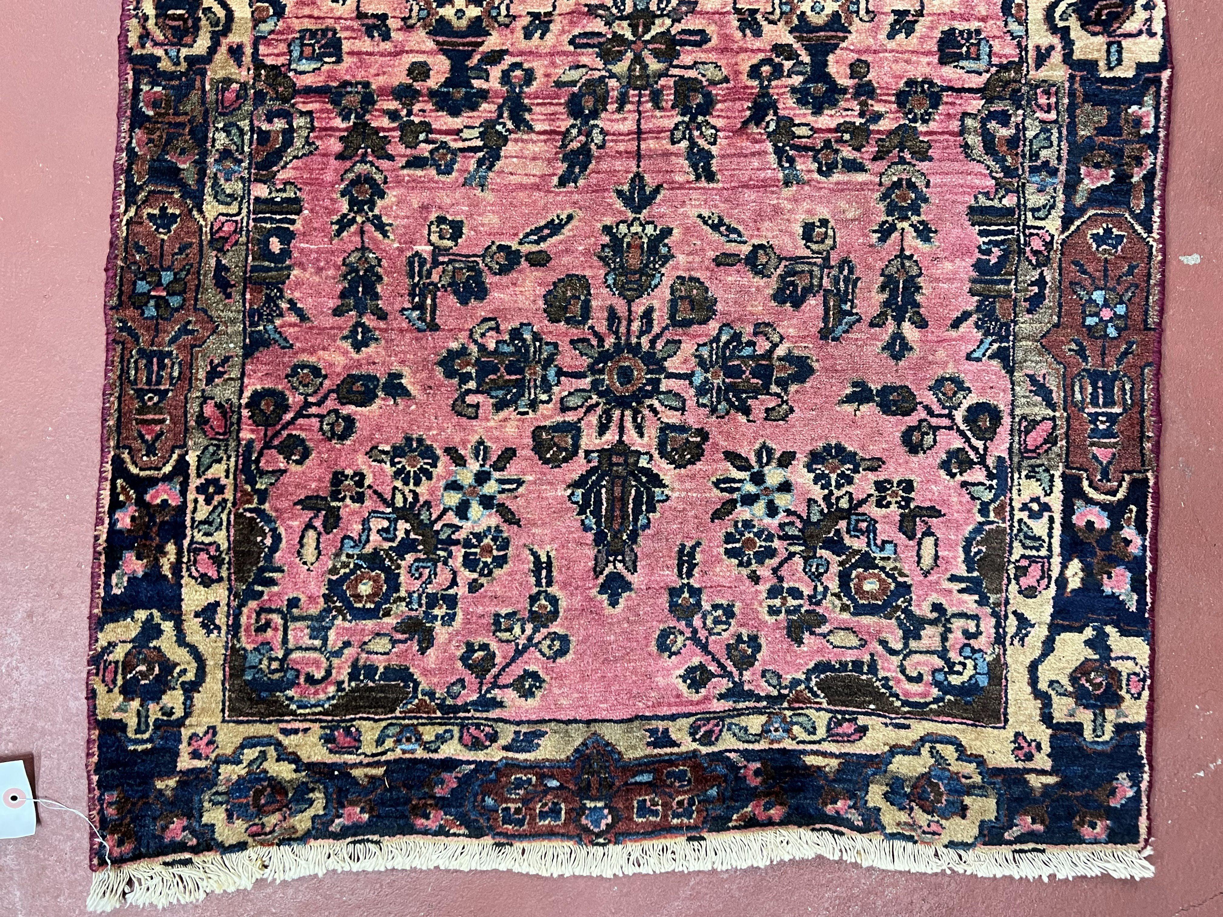 Antique Persian Sarouk Rug 2.4 x 4.9, Red and Dark Blue, Floral, Hand-Knotted, Small Carpet, Traditional, Authentic Oriental Rug 1920s Nice - Jewel Rugs