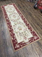 Needlepoint Runner 2.6 x 8 ft, French European Floral Vintage Rug, Beige/Cream Maroon Pink Flowers, Flatweave Runner 8 ft Long Hand Woven - Jewel Rugs