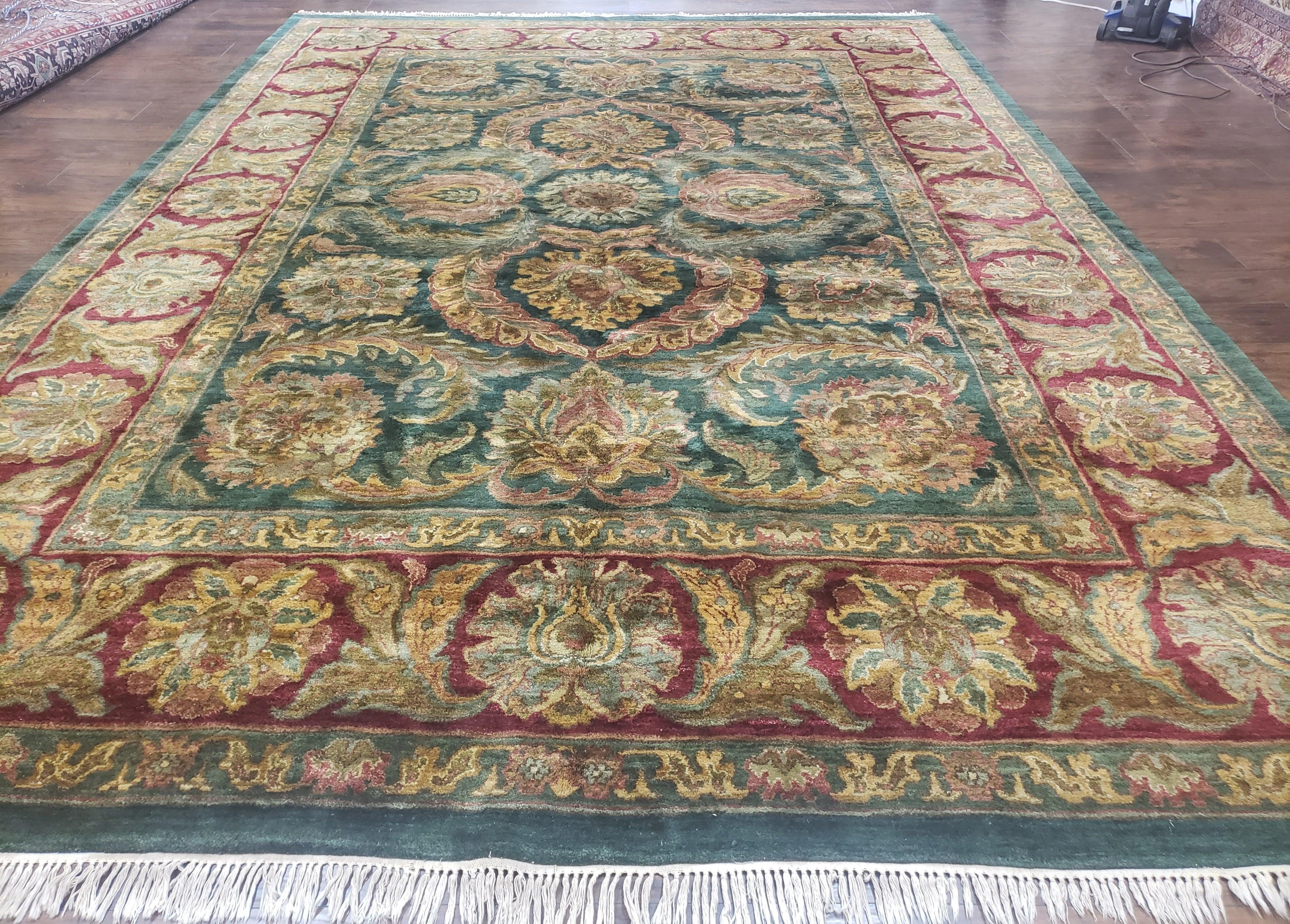 Large Indian Room Sized Rug 10x14, Indo Mahal Sultanabad Area Rug Dark Green Red, Wool Hand-Knotted Large Floral Carpet Soft Living Room Rug - Jewel Rugs