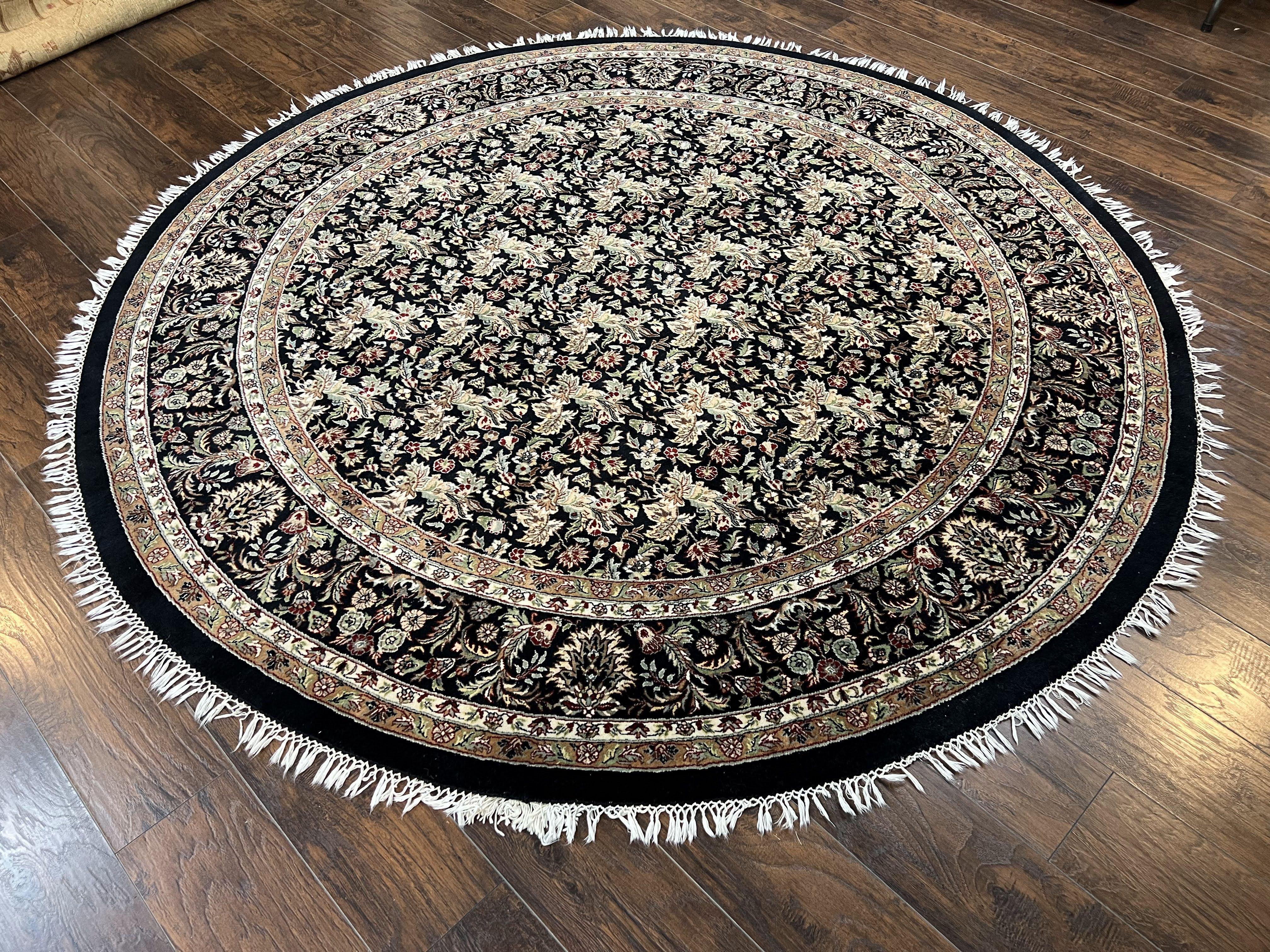 Round Oriental Rug 8x8 ft, William Morris Floral Pattern Carpet, 8 x 8 ft Round Rug, Black Cream and Tan 8ft Round Handmade Indo Persian Rug - Jewel Rugs