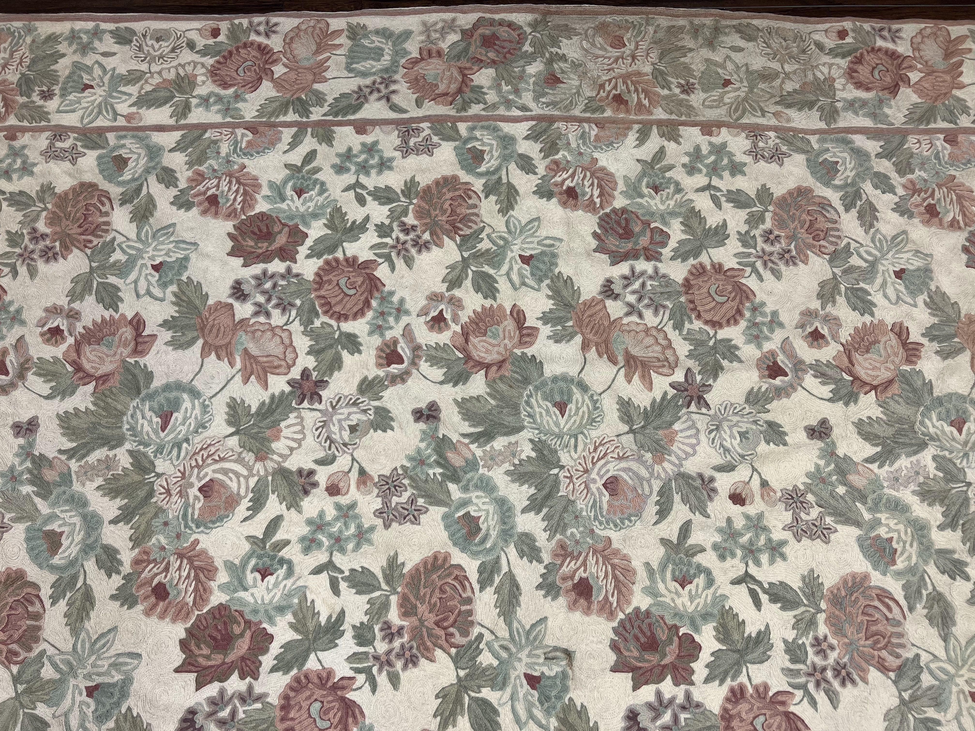 Indian Hand Stitched Rug 9x12, Floral Allover, Vintage Chain Stitched Wool Carpet, Cream Rose Pink Green, Large Flatweave Area Rug 9 x 12 ft - Jewel Rugs