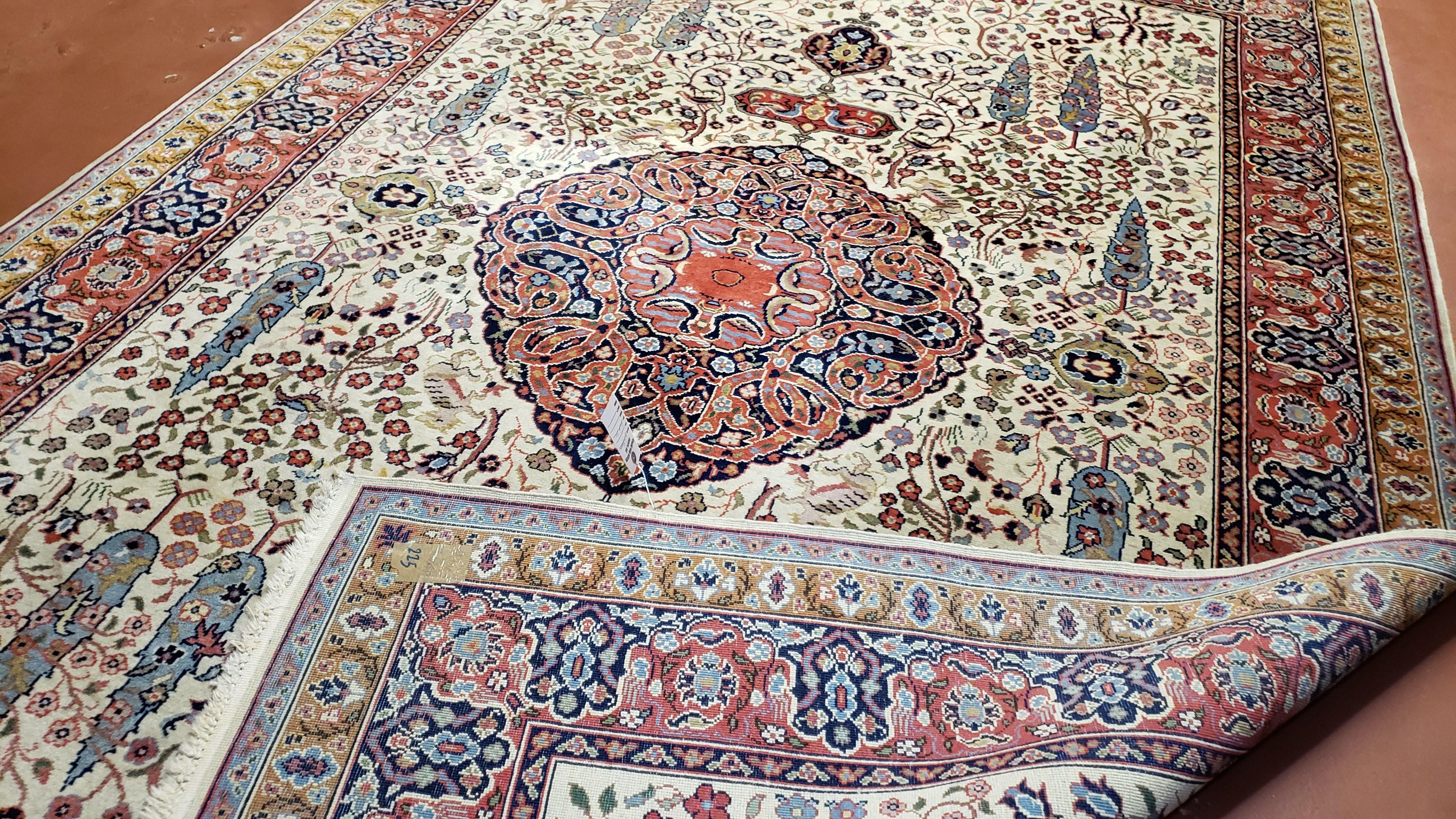 6' 6" x 10' Indian Floral Carpet Pine Tree of Life Highly Detailed Birds Animals Vintage Wool Beige Hand-Knotted Traditional Indo-Persian - Jewel Rugs