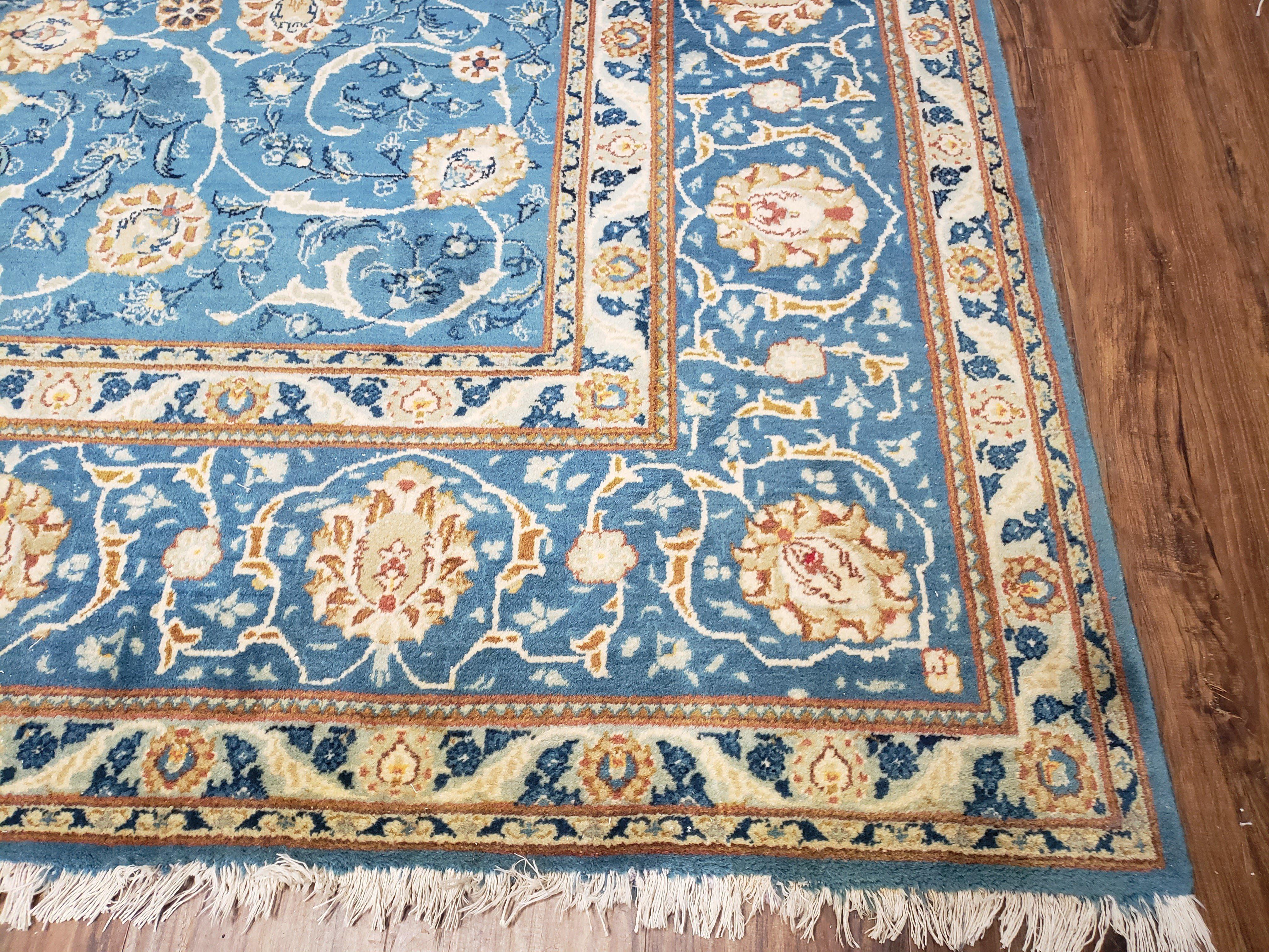 Semi Antique Persian Kashan Rug, Afshan Design, Blue and Ivory, Hand-Knotted, Wool, 8'9" x 12' 6" - Jewel Rugs