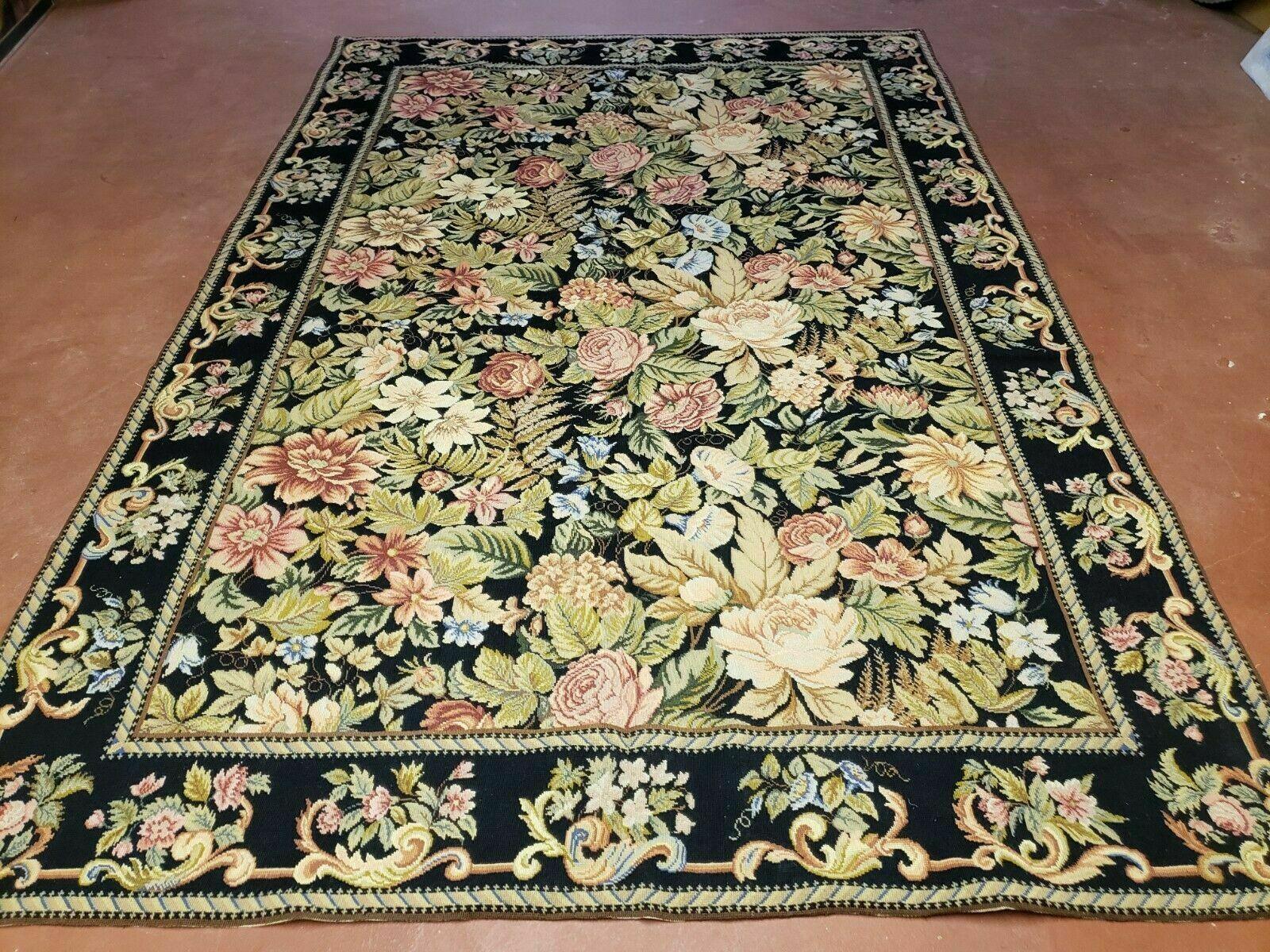 6' X 9' Vintage Handmade English Design Needlepoint Wool Rug Flat Weave Nice - Jewel Rugs