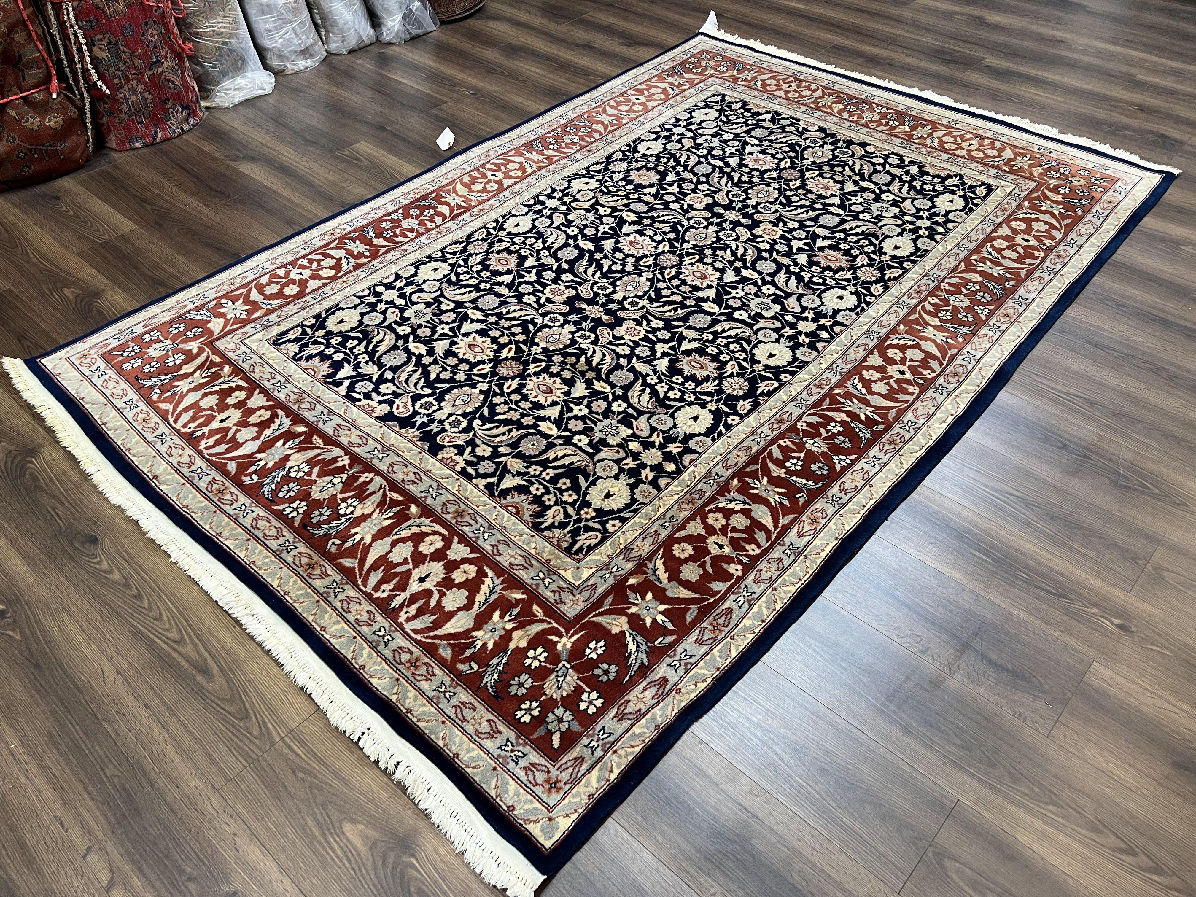 Indo Sarouk Rug 6x9, Vintage Indian Persian Rug, Wool Oriental Carpet, Navy Blue Red Allover Floral Rug, Traditional Very Fine Rug, Area Rug - Jewel Rugs