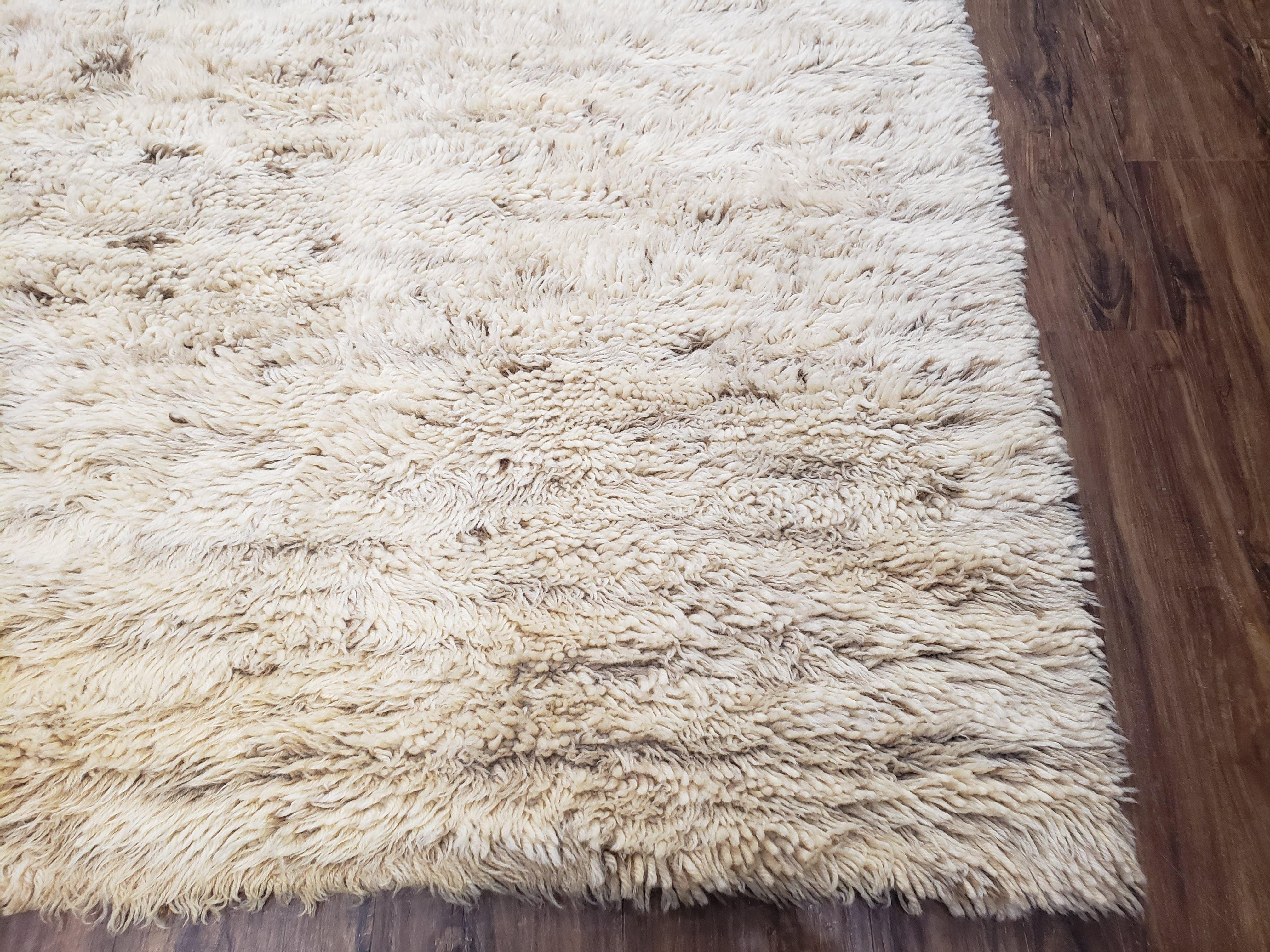 Vintage German Shag Rug 6.8 x 9, Wool Rya Style, Modern Shag Rug Ivory, 6x9 - 7x9 Living Room Carpet, Soft High Pile - Jewel Rugs