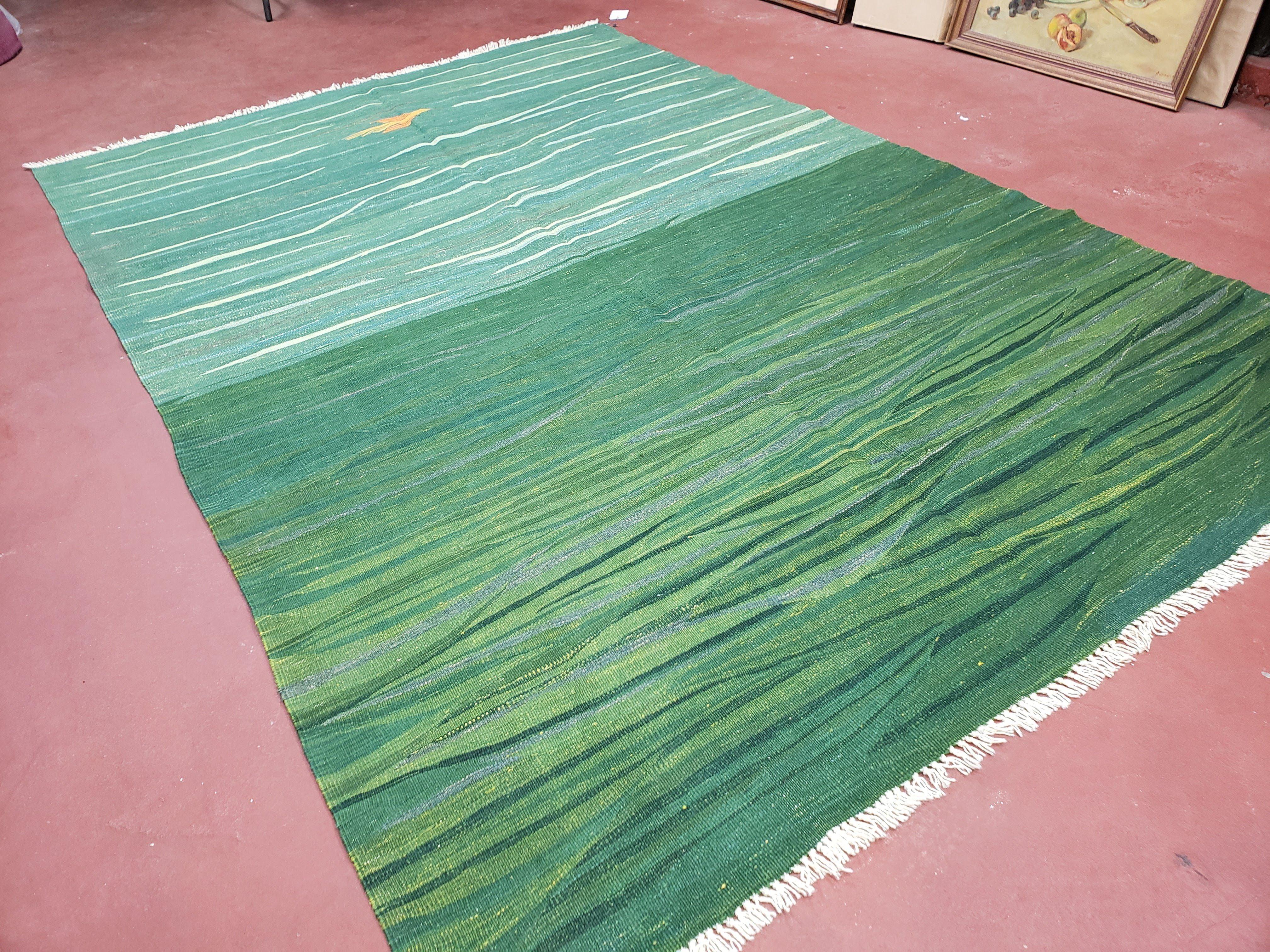 Green Turkish Kilim Rug, 6x9 - 7x10 Rugs, Bird, Handmade New Area Rug, Wool, Bohemian Boho Decor, Hand Woven, Modern Abstract Flat Weave Rug - Jewel Rugs