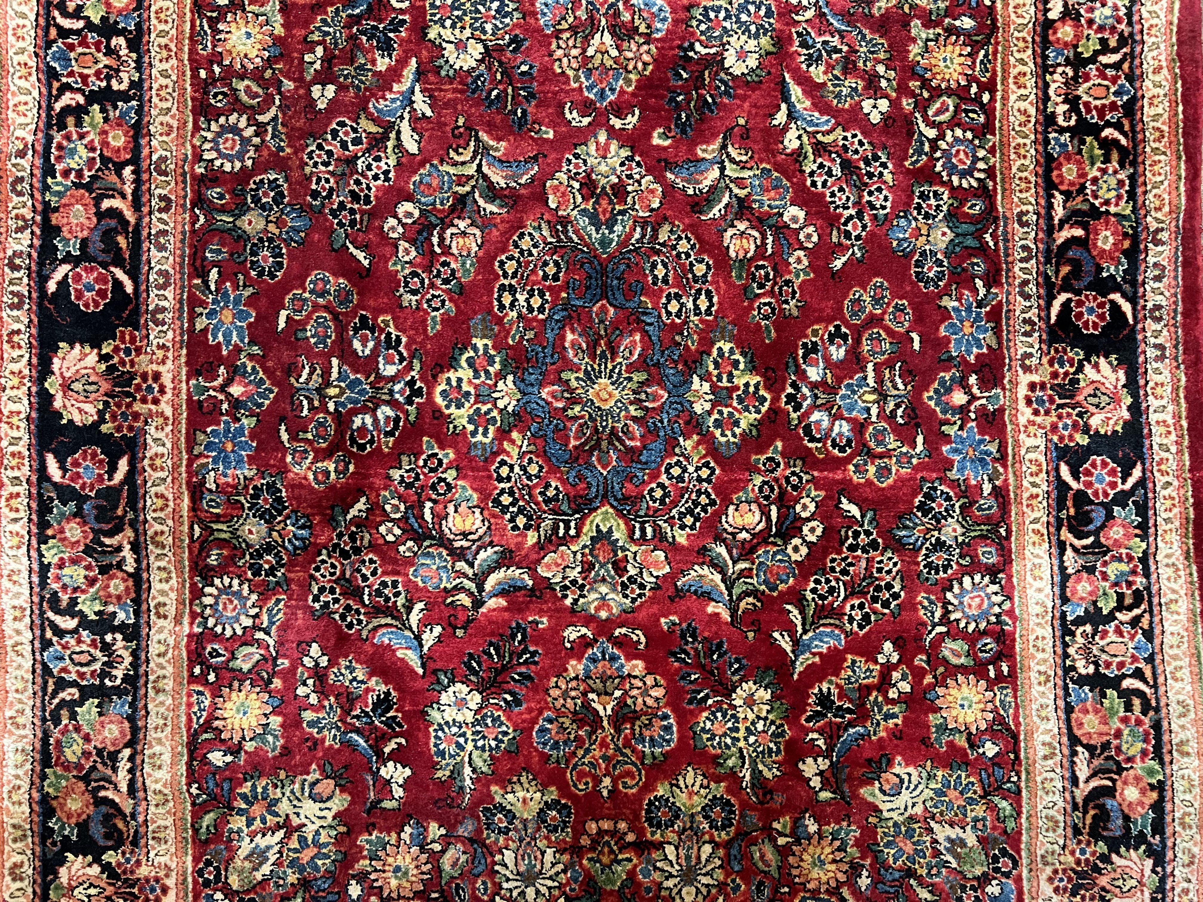 Rare Persian Almost Square Rug 6.3 x 5.3, Hand Knotted Wool Antique 1920s Sarouk Oriental Carpet, Red Navy Blue Beige, Floral Allover, 5x6 Area Rug - Jewel Rugs