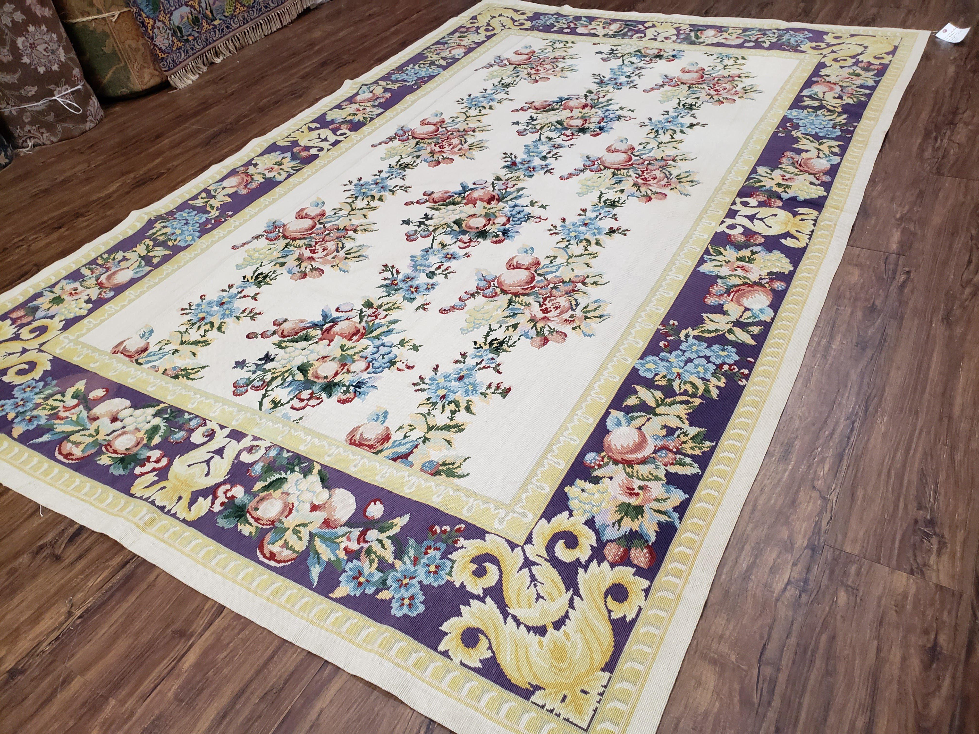 Vintage Chinese Floral Needlepoint Area Rug 6x9, Wool Hand-Woven Handmade Flatweave Rug, Ivory & Purple, Fruits Grapes Apples, Dining Room - Jewel Rugs